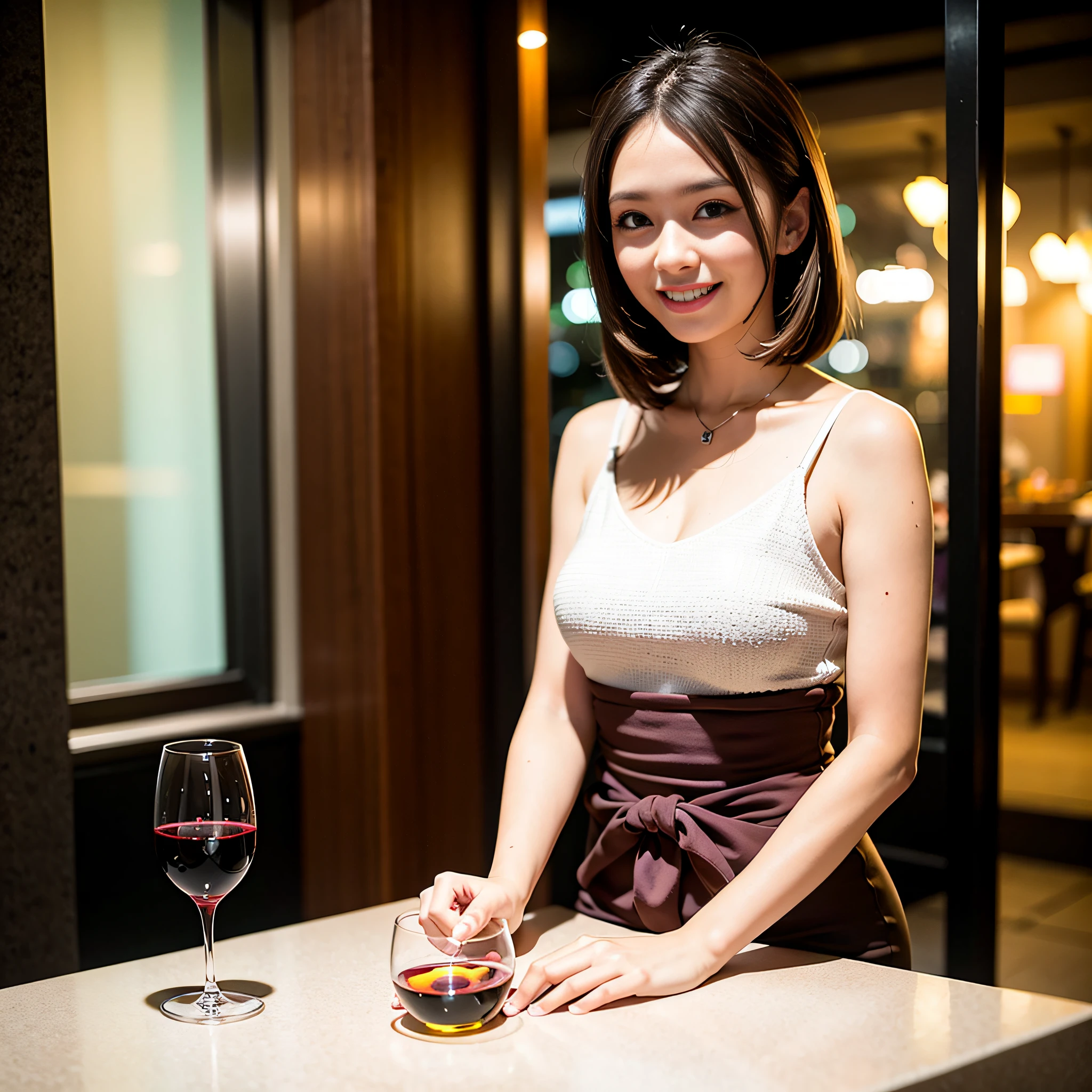(64K, UHD, top quality, masterpiece: 1.2), (realistic, photorealistic: 1.37), super detailed, pretty woman 1 person, (slim face), (slim body), (brown hair), (short cut), cheeks slightly blushing, (44 years old), 38 years old, solo, beautiful detailed urban night view outside the window, restaurant, wine glasses sit, at night, in a prominent placeNovaFrogStyle, Actress, Model, Waist Up, White Wine, Slim, Wine Glass, Super Clean Night View, Wine Glass Put in the Middle, Happy Smile, (Smile: 1.15), Beautiful Fine Eyes, Upper Body, Bust Japan Up, Night, Short, Short, Actress, Model, Waist Up, White Wine, Slim, Wine Glass, Super Clean Night View, Wine Glass Put in the Middle, Happy Smile,