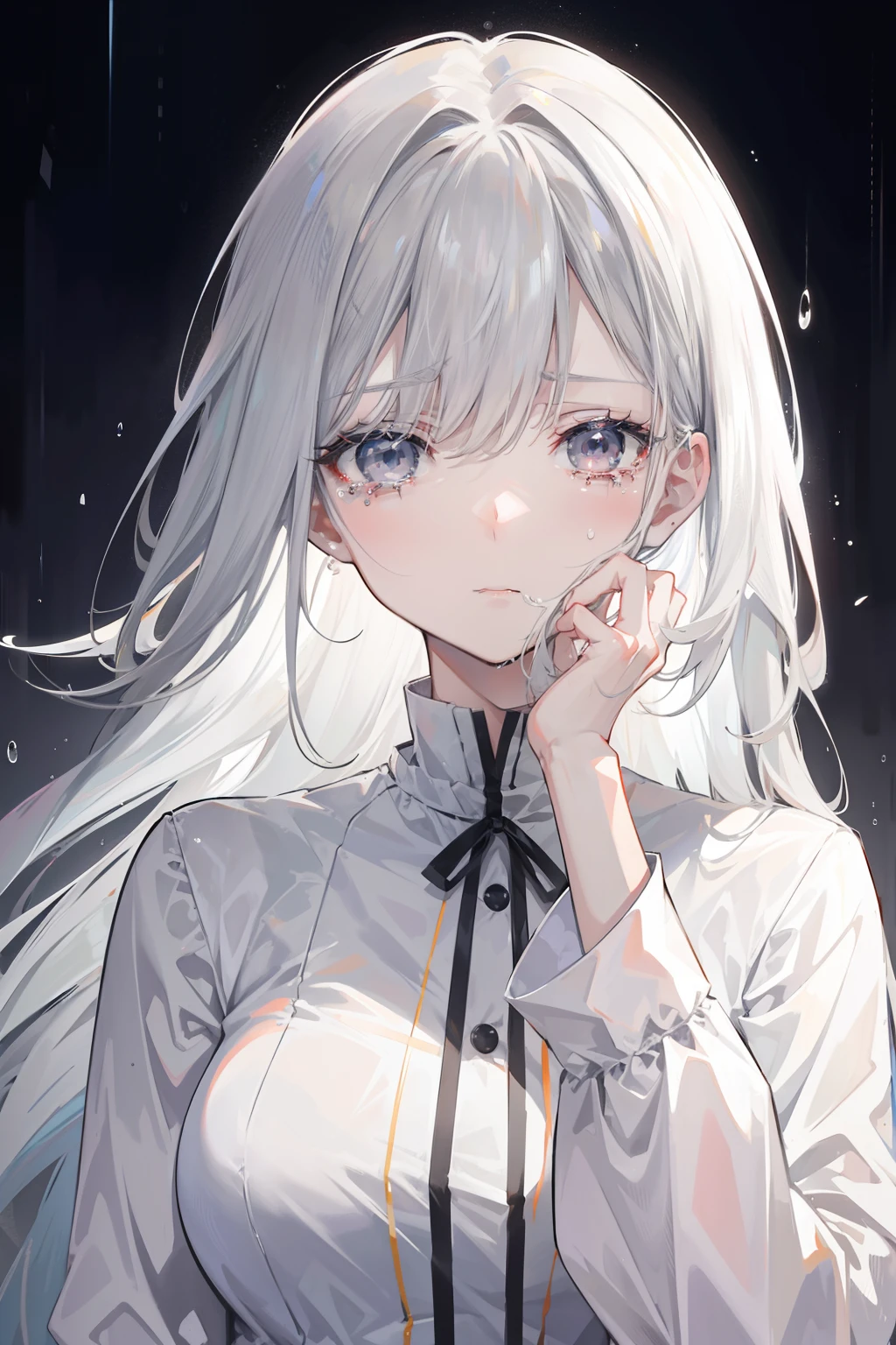 tall and mature anime girl, long gray hair, gray eyes, in a plain white dress, crying, sad expression, holding her face, crying, dark, rainy, good anatomy, 8k, high res