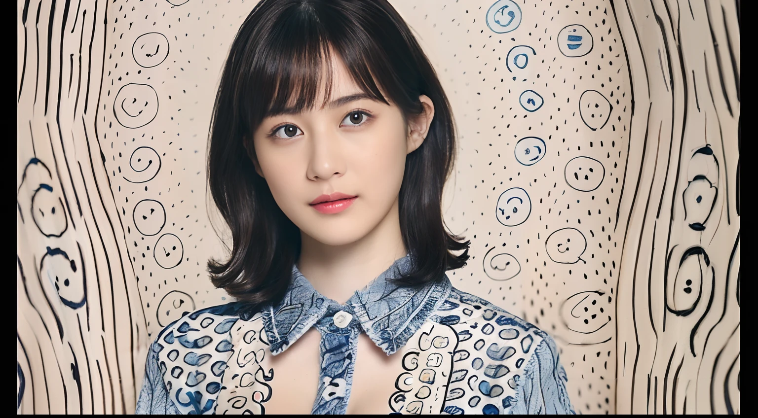 (Black Shorthair:1.2), (a 20 yo woman), (A hyper-realistic), (Masterpiece), (8KUHD), Looking at the camera, Wearing jeans, ((Clothing with animal prints - shirts), (large full breasts), (doodle:1.46), hairaccessories