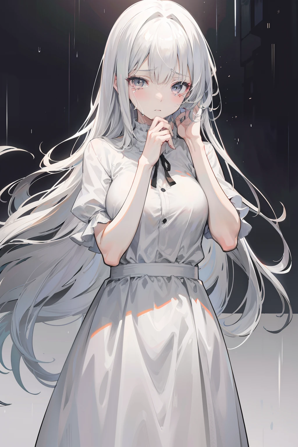 tall and mature anime girl, long gray hair, gray eyes, in a plain white dress, crying, sad expression, holding her face, crying, dark, rainy, good anatomy, 8k, high res