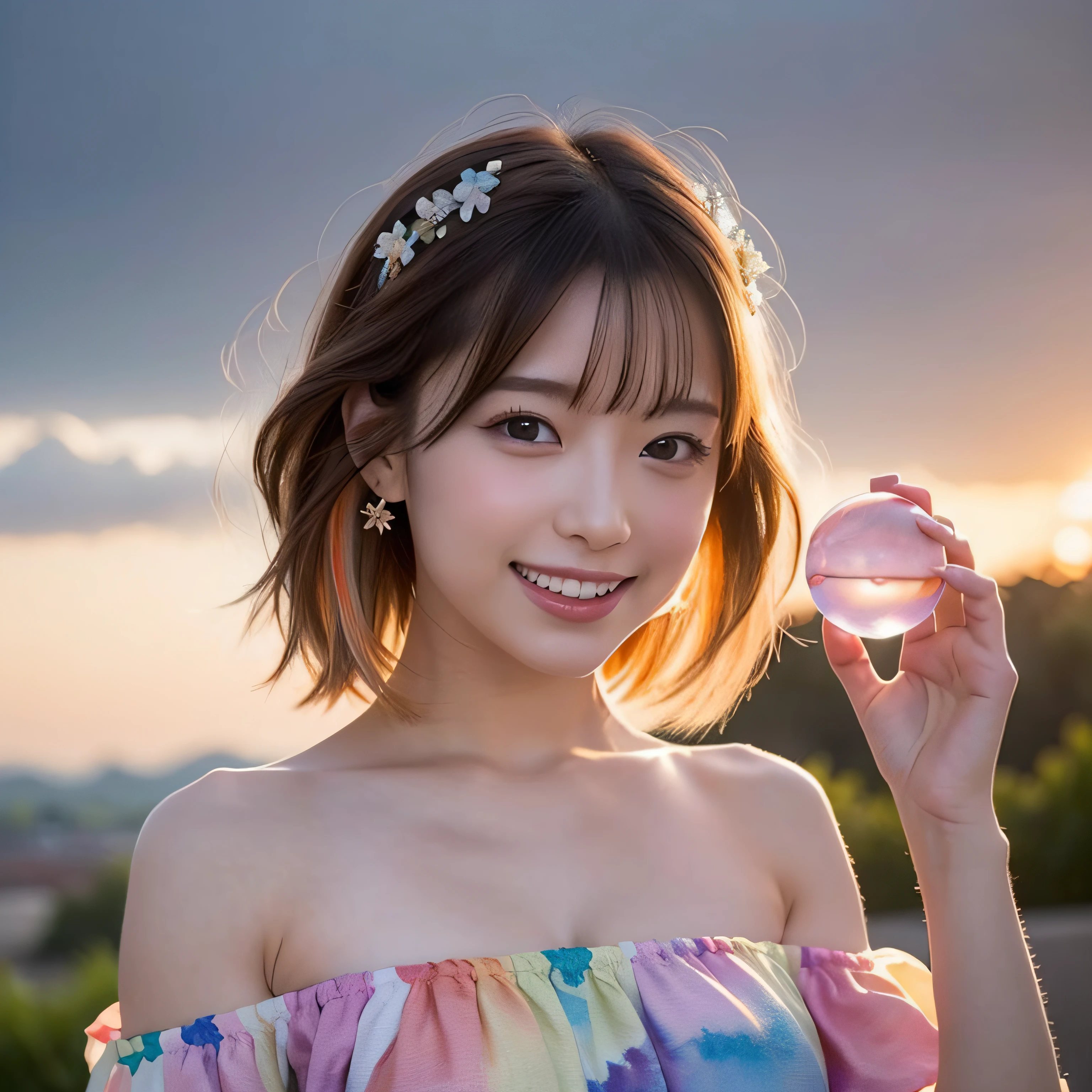 (masutepiece, of the highest quality, Best Quality, watercolor paiting (Medium), Official art, Beautiful and aesthetic: 1.2), (1 girl: 1.3), (Fractal Art: 1.3), morning, good morning, Smile, A clear day, Cheerful, Look Viewer, Pattern, Wave, (Iridescent hair, Colorful hair: 1.2), skyporn, gases, Clouds, Colorful, Soap bubbles