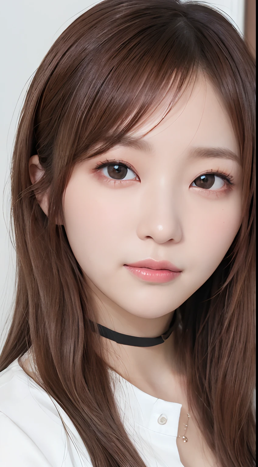 1womanl, (up of face:1.5), light brown hair, Blunt bangs, hair behind ear, hair over shoulder, Long hair, Ultra Fine Face, Thin face, Delicate lips, (beautidful eyes:1.5), thin blush, eyes are light brown,View here, Ultra-thin hands, Ultra-fine fingers, best ratio four finger and one thumb, white jaket, a choker ,(Port Area) ,One-person viewpoint,  8K, masutepiece, nffsw, Super Detail, High quality, Best Quality, hight resolution,in a house