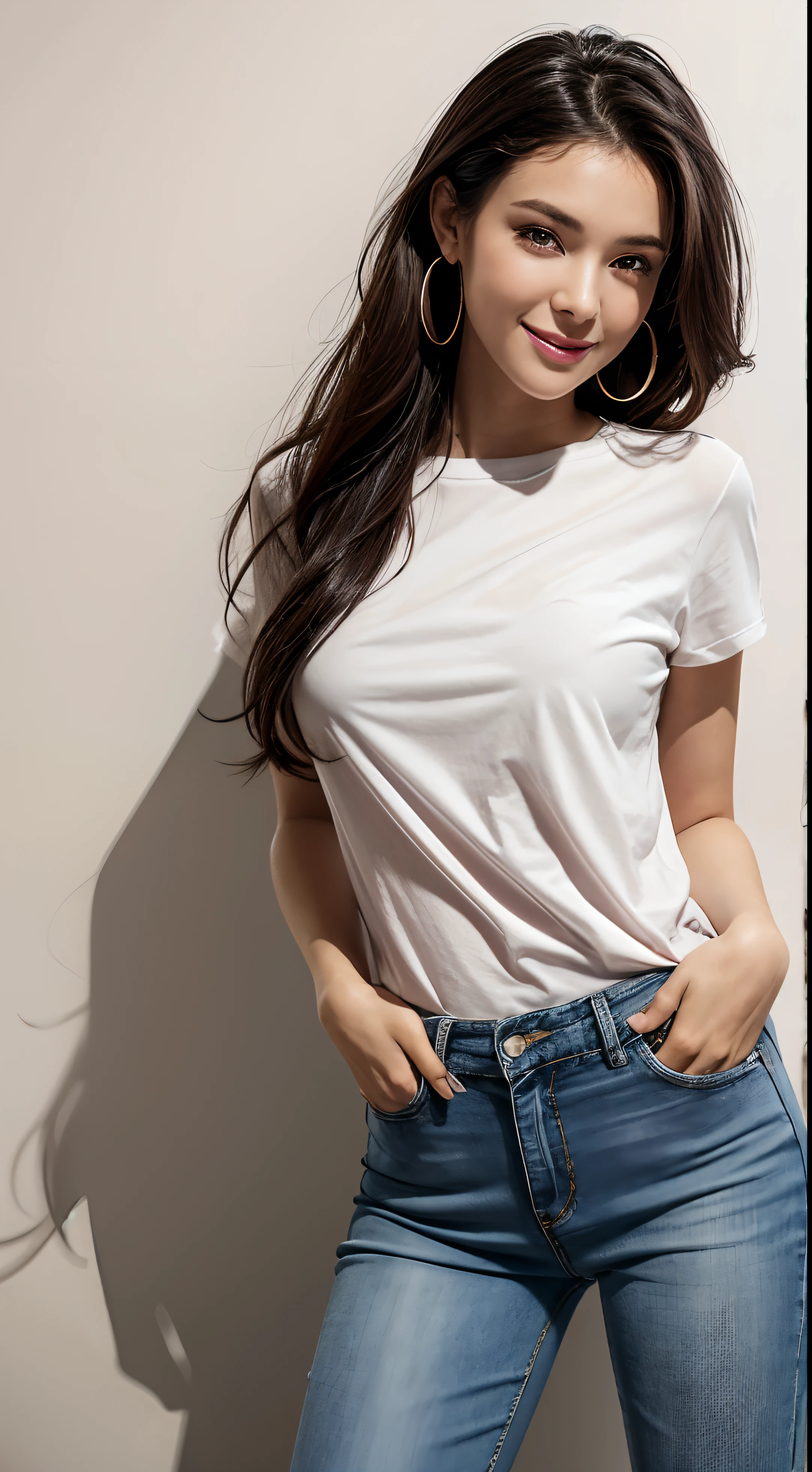 For a t-shirt mockup design, caucasian woman, top of the head to the waist, hands tucked into her clean blue jeans pockets, twenty years old, dark straight hair, happily smiling, closed lips, pointed nose, facing the front, standing with her hands on her waist, wearing a high-quality pink colored t-shirt with no designs and no text, and clean blue jeans, for a mockup design, plain pink t-shirt, with a focus on the high-resolution texture and details of the clothes. The woman is standing in an all white room with a white background, with a shadow effect adding depth to the image, Hyper realistic , ultra detailed, full lips. Front facing, golden hoop earrings, ultra detailed, ultra accurate detailed, mascara and long eyelashes, Shot with canon EOS RI camera at 50 mm focal length with a 1.2 aperture. 4k. Heavy makeup and a coy expression. 8k, best quality, masterpiece, realistic, ultra detail, photo realistic, hyper realistic, smoother lighting, increase cinematic lighting quality, realistic lighting, backlighting, brightening light, Increase quality, best quality real texture skin, slender, cute face, smile, beautiful details eyes, pretty, Drill hair with electric blue color