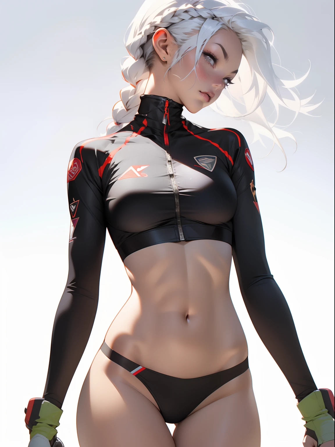 ((Best quality)), ((Masterpiece)), (Detailed: 1.4), (absurderes), A female fighter pilot wears a military bikini ready to fight, sailors, dark-skin, Sculptural definition of the body, full bodyesbian, bare thighs, Mouth closed,  Cyberpunk, Half-naked, generous neckline, ((perfect pubic)), , (((Military camouflage bikini)),  (((white hair with braid)))), long eyelashes heavy makeup, Harnes, Lots of pairings, niji --V5, near the real, psychopath, s the perfect face, Sexy pose, Background with a huge Evangelion head, 2 piece clothes, Cupcakes, Centered, Scale to fit the dimensions, hdr (HighDynamicRange),Ray tracing, NVIDIA RTX,Hyper-Resolution,Unreal 5,and the underground is scattered, PBR Texture, post-proces, Anisotropy Filtering, depth of fields, Maximum clarity and sharpness, Many-Layer Textures, Albedo and specular maps, Surface Coloring, Accurate simulation of light-material interaction, perfectly proportions, rendering by octane, twotonelighting, Grand opening, Low ISO, White balance, Rule of thirds, 8K raw data, Crysis nanoset bikini, thigh gap, Beautiful buttocks, Slim thighs,