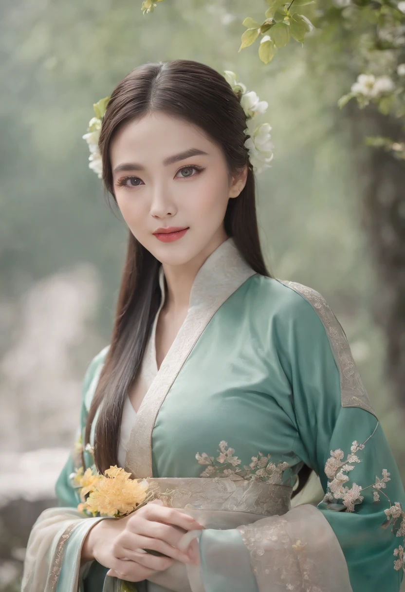 (Masterpiece) 8K resolution, Queen of Hanfu, Beautiful blooming flowers, Green straight hair, browneyes, Gray-gray eyes, Smile, Fantasy style,