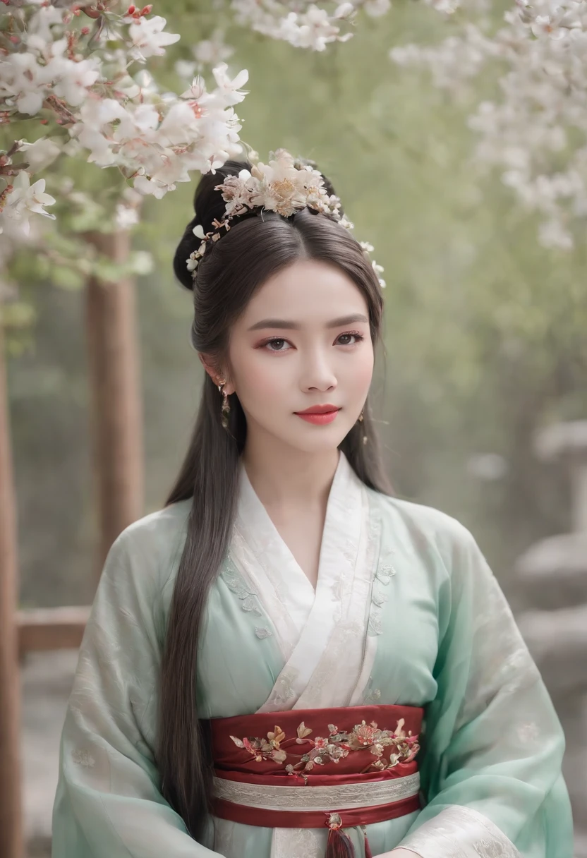 (Masterpiece) 8K resolution, Queen of Hanfu, Beautiful blooming flowers, Green straight hair, browneyes, Gray-gray eyes, Smile, Fantasy style,