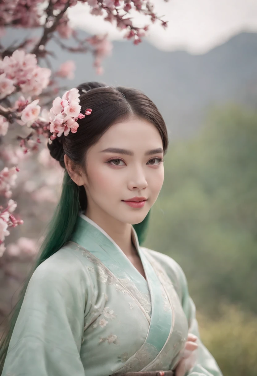 (Masterpiece) 8K resolution, Queen of Hanfu, Beautiful blooming flowers, Green straight hair, browneyes, Gray-gray eyes, Smile, Fantasy style,