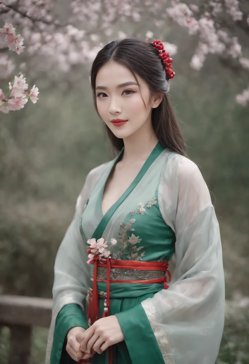(Masterpiece) 8K resolution, Queen of Hanfu, Beautiful blooming flowers, Green straight hair, browneyes, Gray-gray eyes, Smile, Fantasy style,