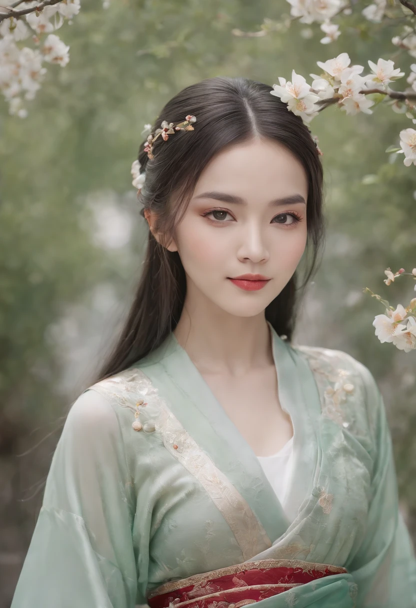 (Masterpiece) 8K resolution, Queen of Hanfu, Beautiful blooming flowers, Green straight hair, browneyes, Gray-gray eyes, Smile, Fantasy style,