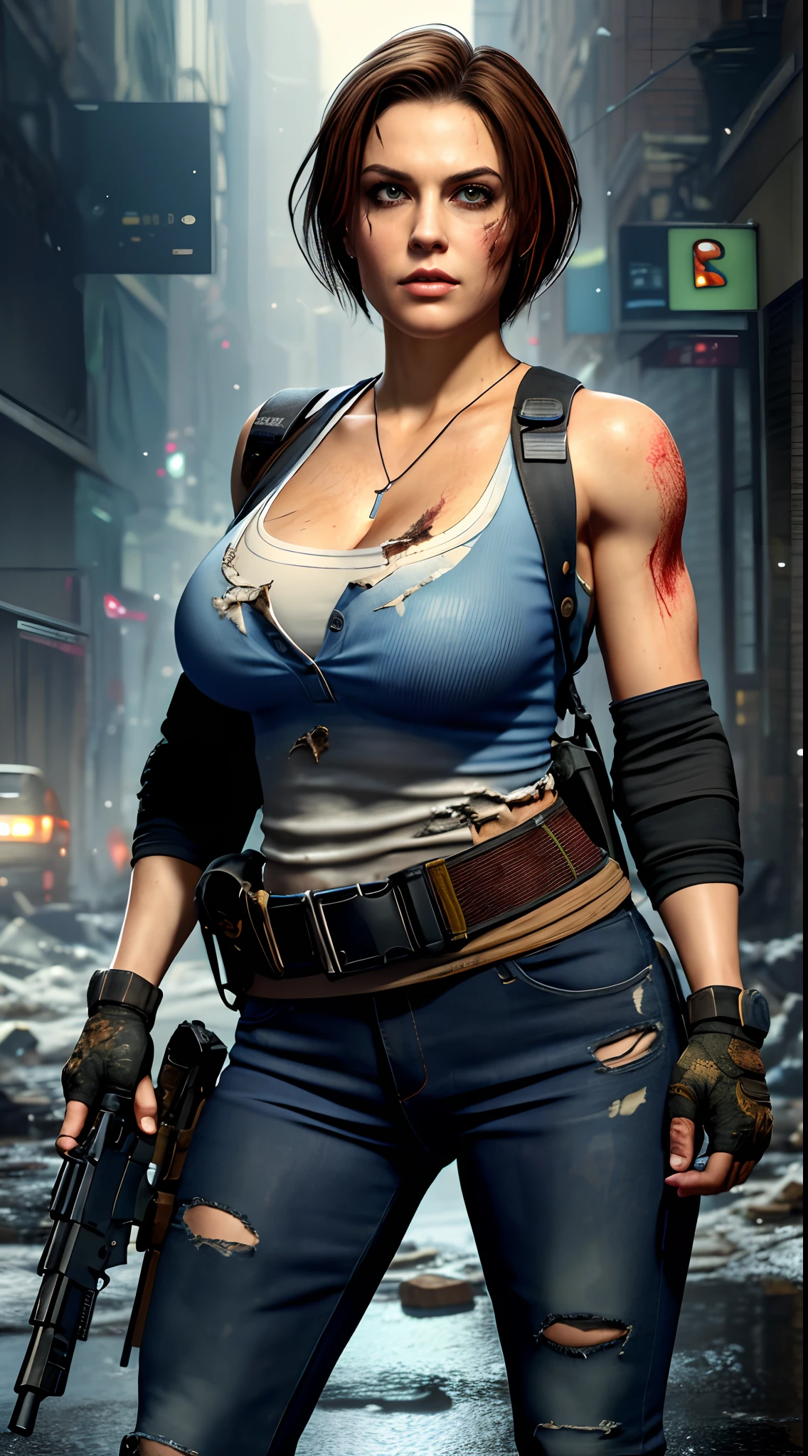 jillre3,jr3 outfit,cold expression,jr3 equipment,fighting stance,character,video game,short hair,(((damaged clothes))), gigantic breasts,slim waist,wide hips,high waist,serious expression,hard nipple,breasts about to burst of her clothing,dead rising,Resident Evil background,a horde of zombie,zombie apocalypse background,rain,wet clothes,Holding a rifle in both hands, best quality, masterpiece, intricate details, tonemapping, sharp focus, hyper detailed, trending on Artstation, realistic,(looking at viewer:1.4)