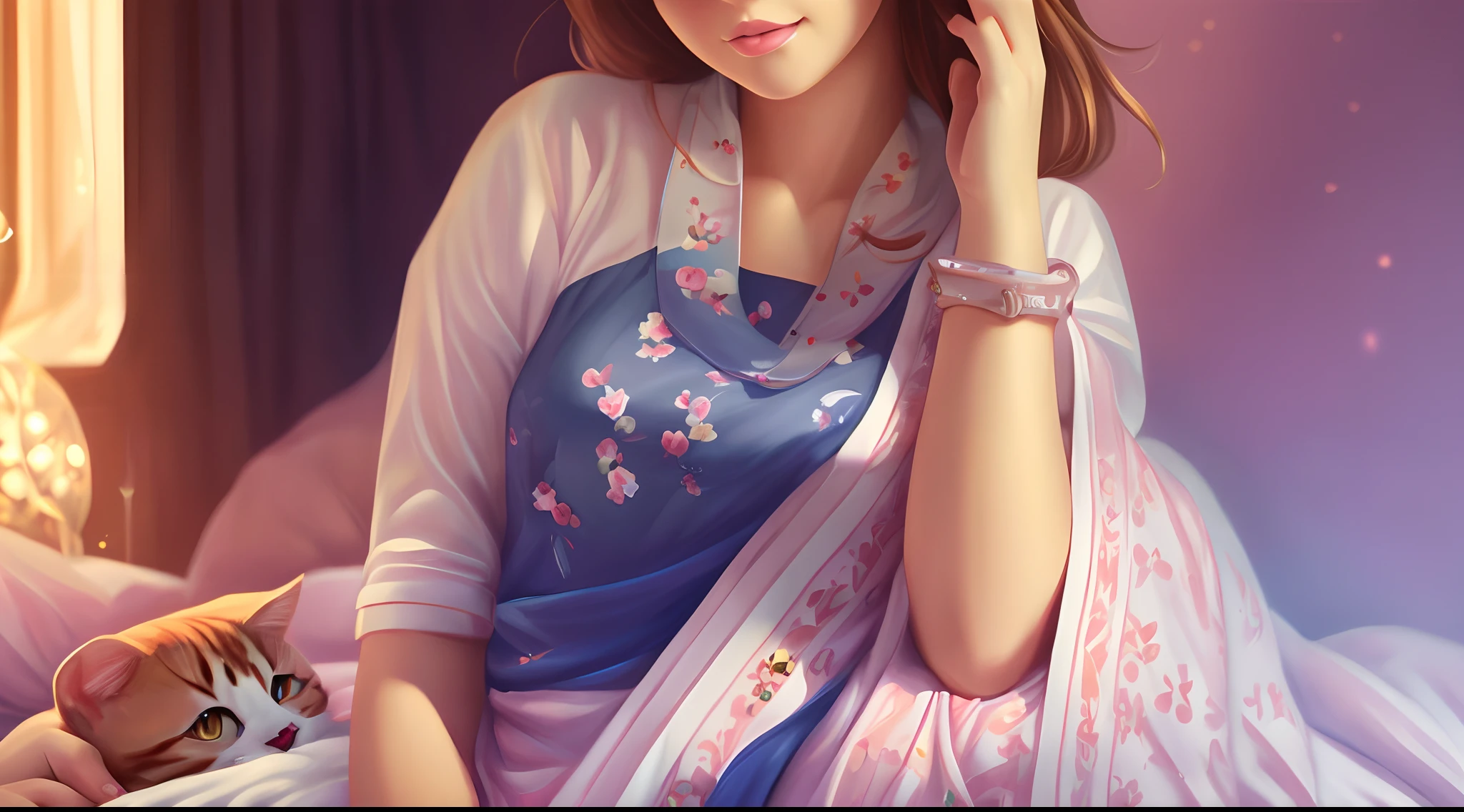 a close up of a woman laying in bed with a cat, realistic cute girl painting, very beautiful cute catgirl, realistic art style, realistic art, photorealistic!!!!!!! art style, realistic painting style, realistic painting, painting of beautiful, realistic artstyle, realistic picture, adorable digital painting, photorealistic art style, realistic artwork, photorealistic picture, cute digital art