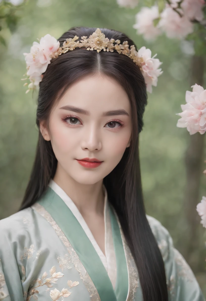(Masterpiece) 8K resolution, Queen of Hanfu, Beautiful blooming flowers, Green straight hair, browneyes, Gray-gray eyes, Smile, Fantasy style,