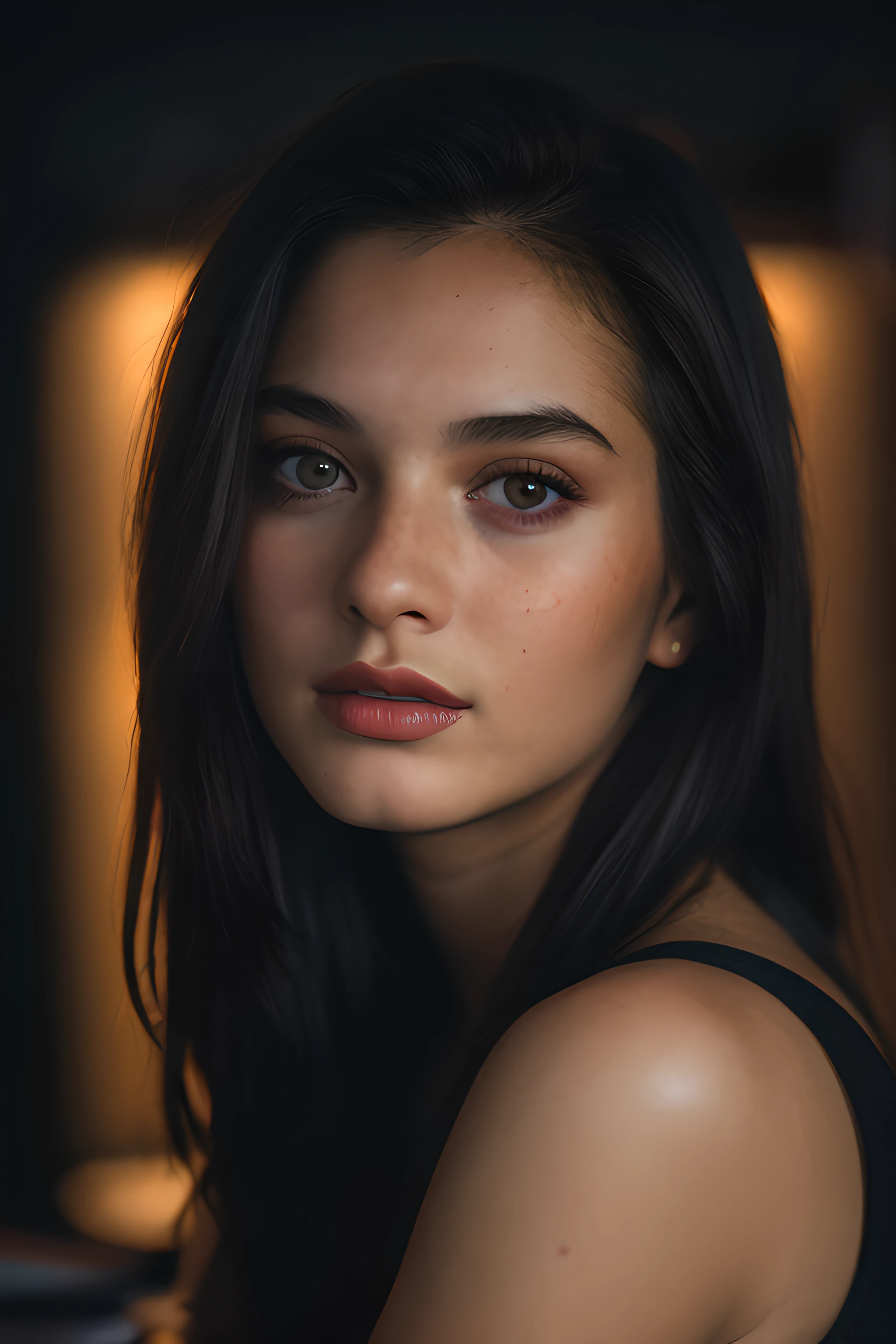 (close-up, editorial photograph of a 21 year old woman), (highly detailed face:1.4) (smile:0.7) (background inside dark, moody, private study:1.3) POV, by lee jeffries, nikon d850, film stock photograph ,4 kodak portra 400 ,camera f1.6 lens ,rich colors ,hyper realistic ,lifelike texture, dramatic lighting , cinestill 800,