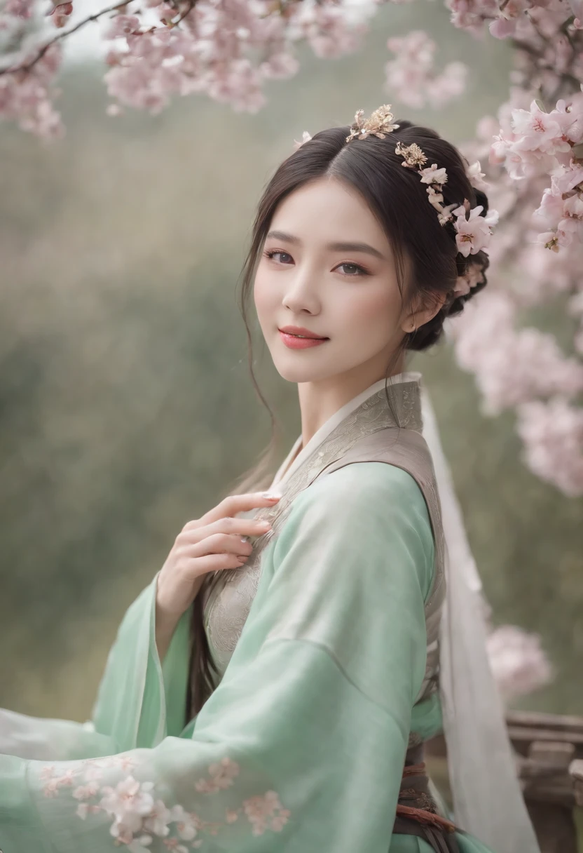 (Masterpiece) 8K resolution, Queen of Hanfu, Beautiful blooming flowers, Green straight hair, browneyes, Gray-gray eyes, Smile, Fantasy style,