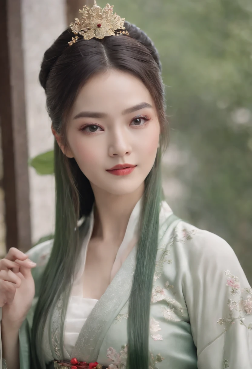 (Masterpiece) 8K resolution, Queen of Hanfu, Beautiful blooming flowers, Green straight hair, browneyes, Gray-gray eyes, Smile, Fantasy style,