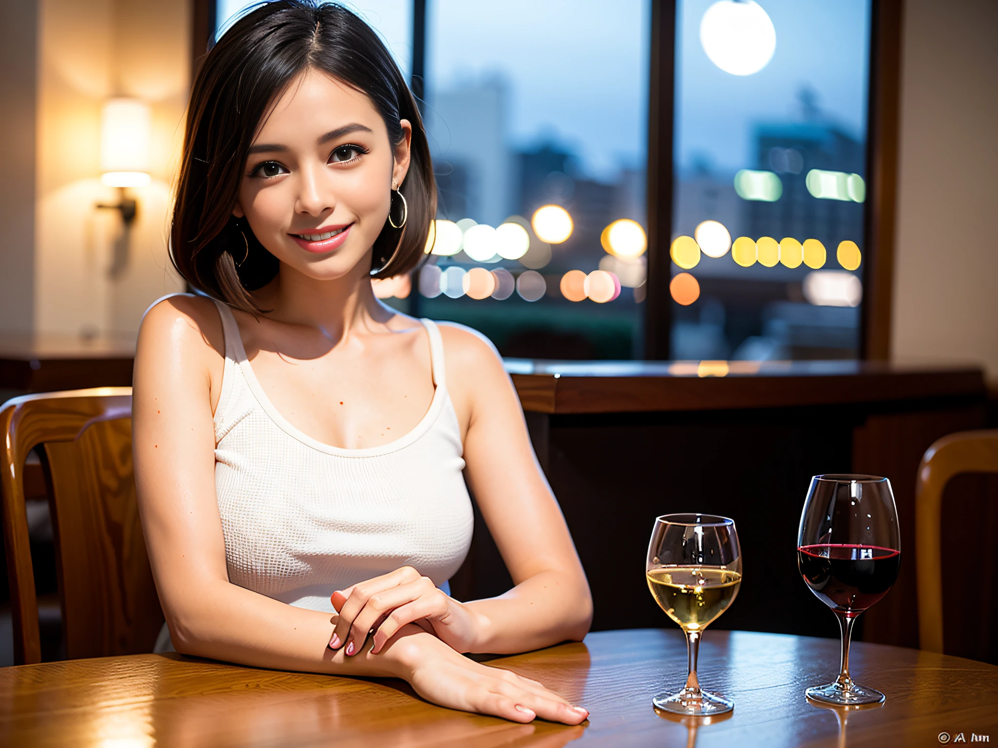 (64K, UHD, top quality, masterpiece: 1.2), (realistic, photorealistic: 1.37), super detailed, pretty woman 1 person, (slim face), (slim body), (brown hair), (short cut), cheeks slightly blushing, (35 years old), 38 years old, solo, beautiful detailed urban night view outside the window, restaurant, wine glasses sit, at night, in a prominent place (from the waist up) NovaFrogStyle, Actress, Model, Waist Up, White Wine, Slim, Wine Glass, Super Clean Night View, Wine Glass Put in the Middle, Happy Smile, (Smile: 1.15), Beautiful Fine Eyes, Upper Body, Bust Japan Up, Night, Short, Short, Actress, Model, Waist Up, White Wine, Slim, Wine Glass, Super Clean Night View, Wine Glass Put in the Middle, Happy Smile,