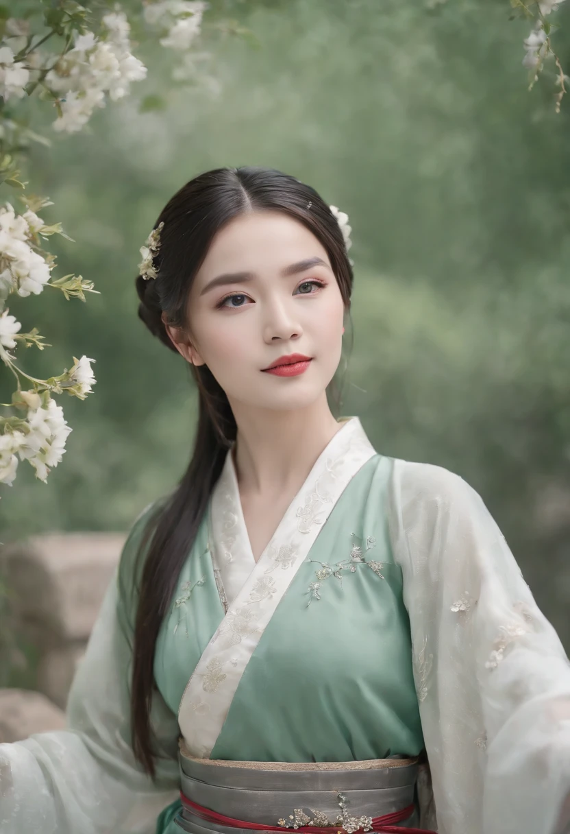 (Masterpiece) 8K resolution, Queen of Hanfu, Beautiful blooming flowers, Green straight hair, browneyes, Gray-gray eyes, Smile, Fantasy style,