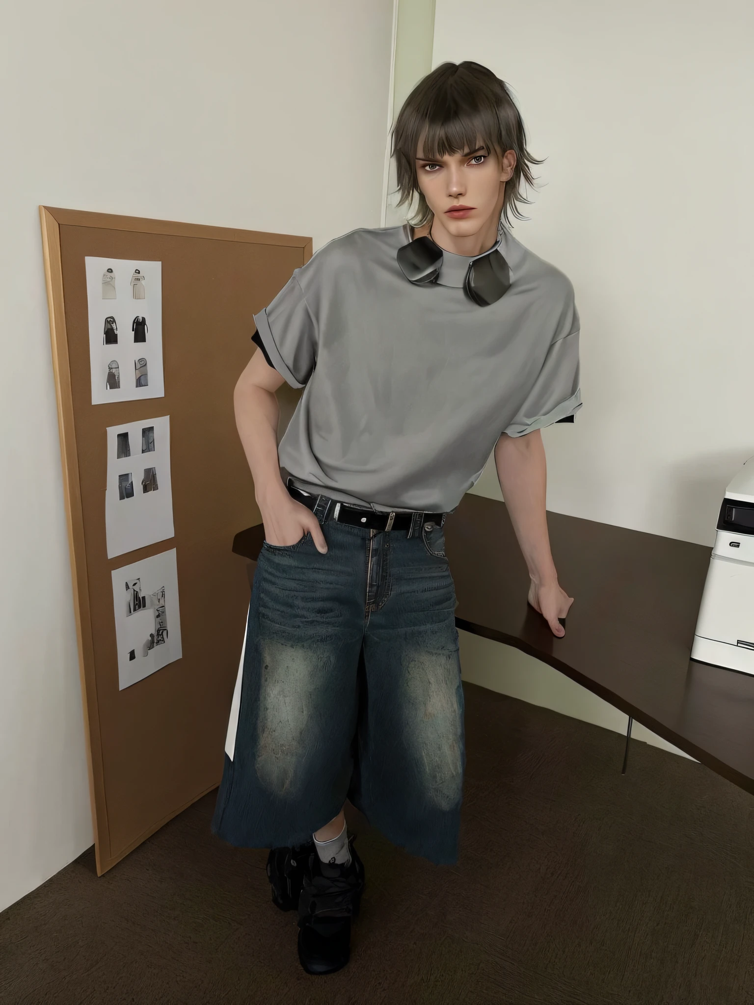 Full body photo of a 185cm tall British punk teenager with messy hairstyle, Wear Balenciaga's gray short-sleeved top for spring 2023/Summer collections and oversized jeans. The photo was taken in an upscale office, Stand with him in a positive field of view. Full photo,HEIGHT 185CM,English punk teenager with messy hair,Wear Balenciaga's gray short-sleeved top and oversized jeans for spring/Summer 2023。Photo taken against the background of an upscale office area,Live Action Photography He stood straight
