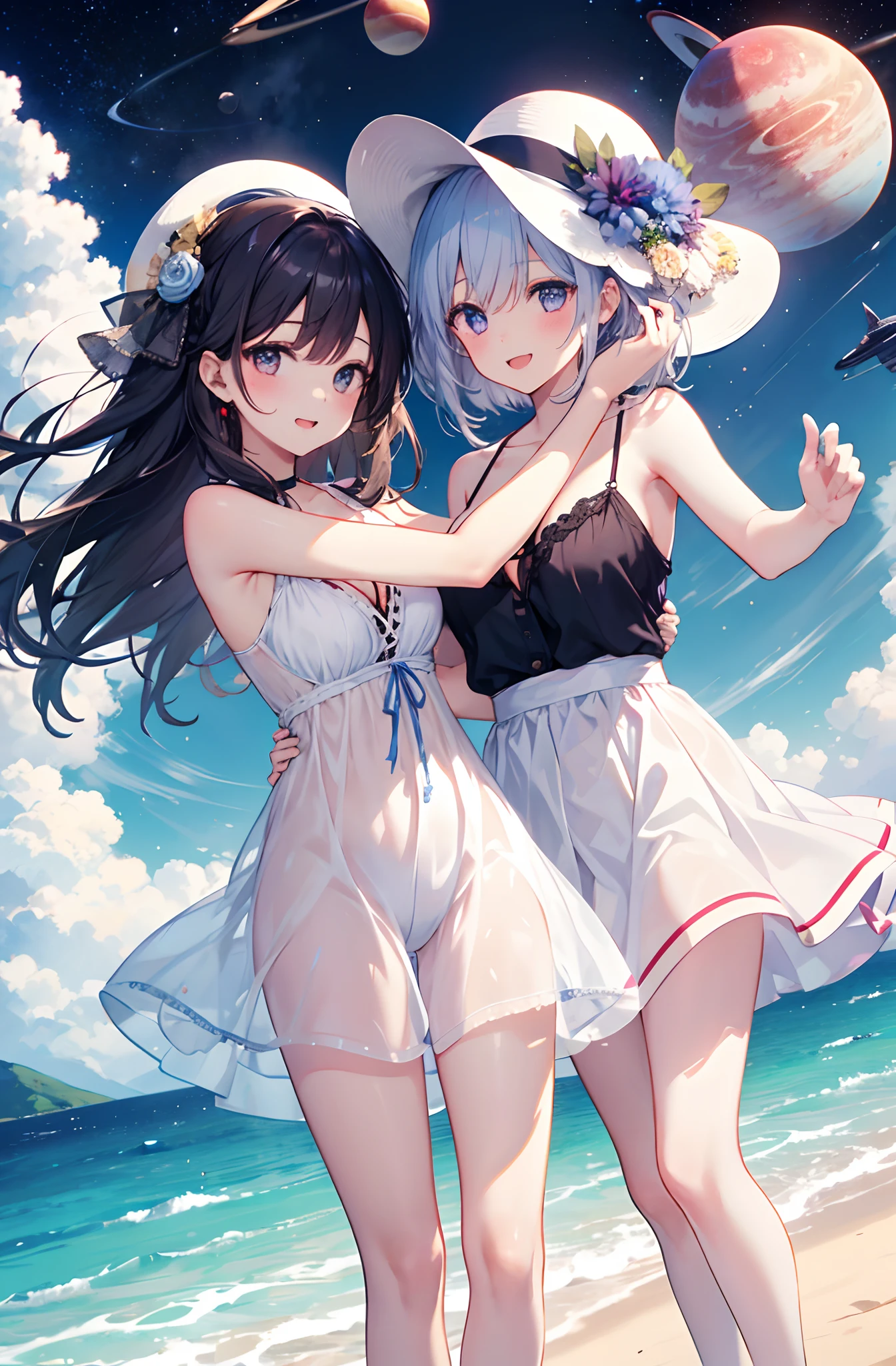 2girls, yuri, hugging, white sundress, outdoors, summer in a different world, multiple planets in the sky, a girl living in a different world, , joyful smile, , cleavage