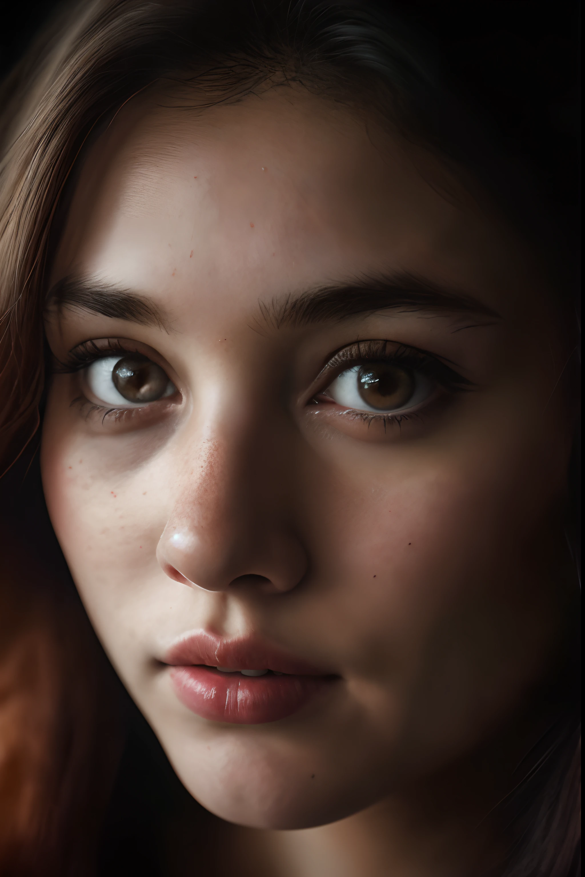 (close-up, editorial photograph of a 21 year old woman), (highly detailed face:1.4) (smile:0.7) (background inside dark, moody, private study:1.3) POV, by lee jeffries, nikon d850, film stock photograph ,4 kodak portra 400 ,camera f1.6 lens ,rich colors ,hyper realistic ,lifelike texture, dramatic lighting , cinestill 800,