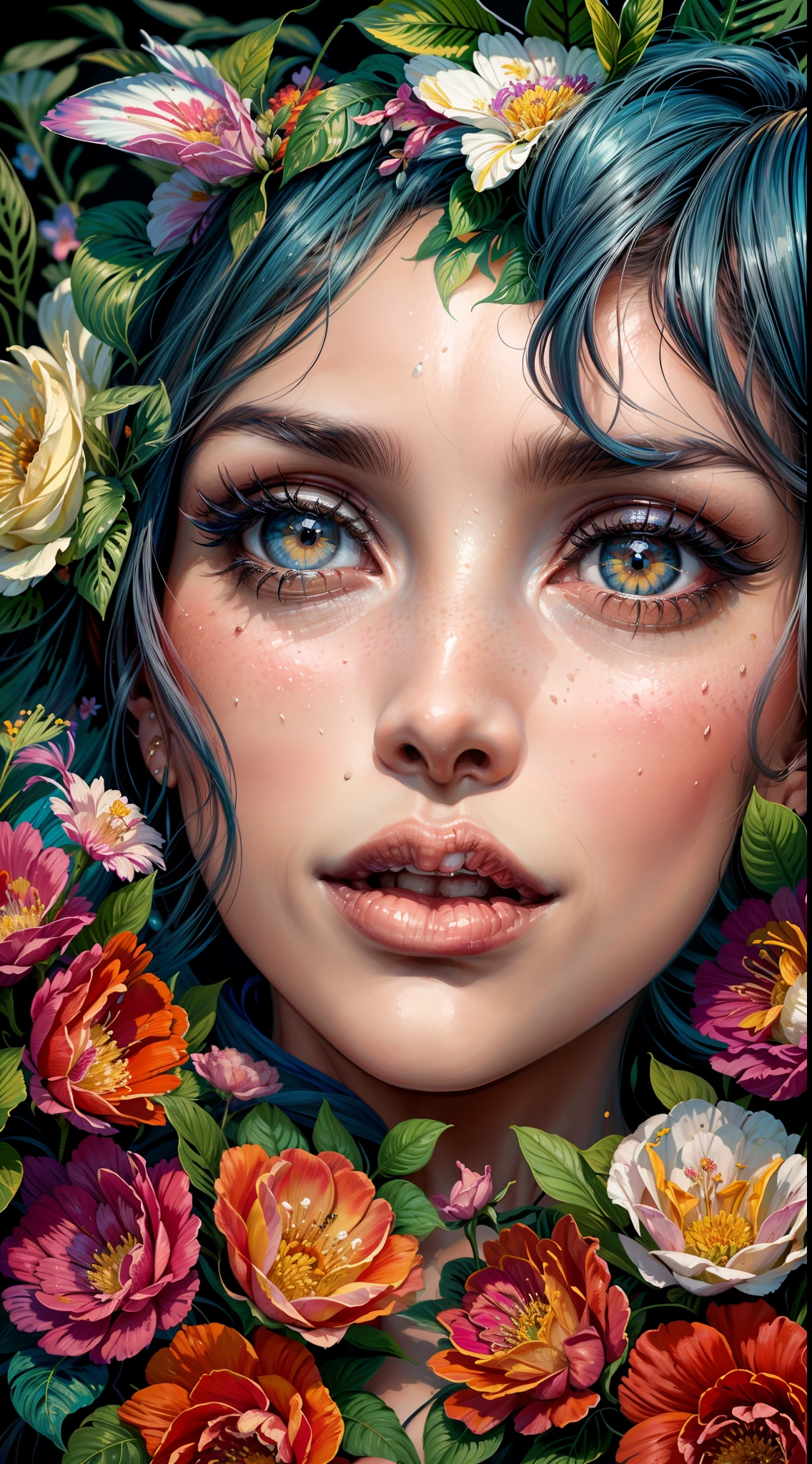there is a woman with a flower crown on her head, imagem de arte digital, Bela arte UHD 4K, bela arte digital, mulher da beleza, digital illustation, Pintura digital elegante, linda arte digital linda, rosto bonito fotorrealista, arte digital impressionante, pintura digital brilhante, Arte Digital, mulher da beleza com rostos detalhados, lindo arte digital, em estilo de pintura digital