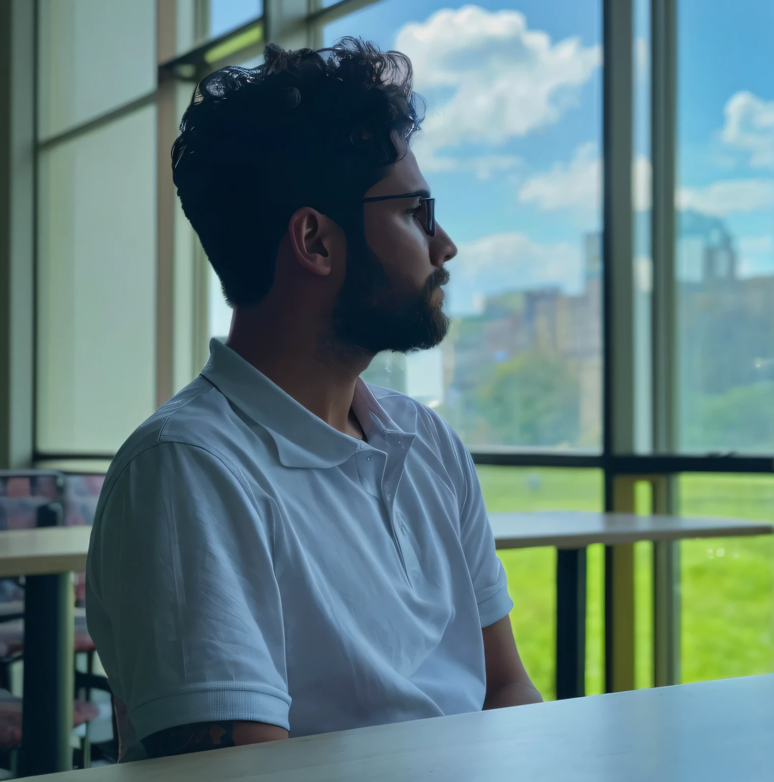 there is a man sitting at a table looking out the window, profile shot, distant thoughtful look, looking to his side, lofi portrait at a window, profile pose, profile portrait, looking away from the camera, looking away from camera, looking out the window, thoughtful pose, proud looking away, lost in thought, looking out a window, looking into the distance