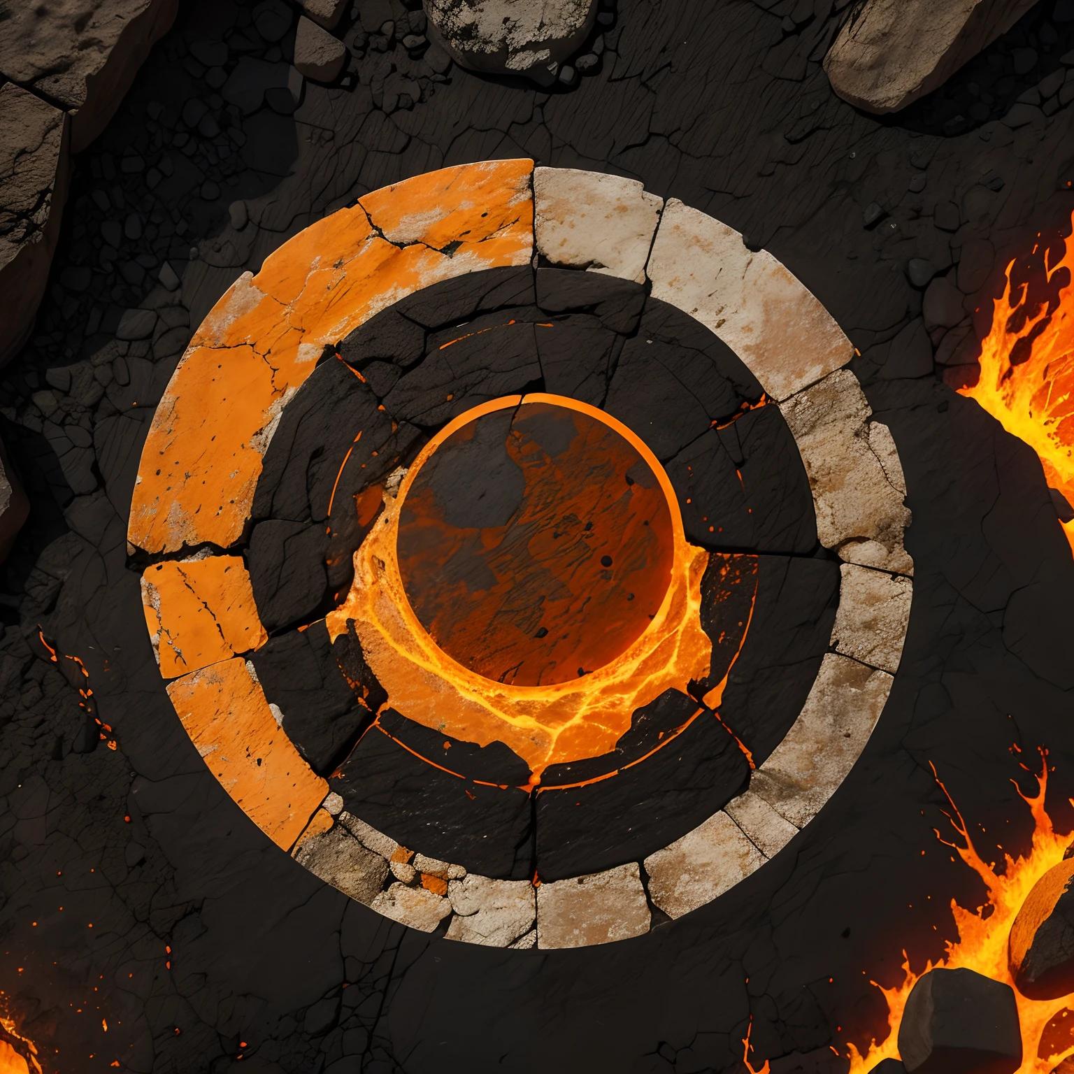 icon, Color0N, Color logo, 2D, A circle of crumbling stones in the center, centred, No tipping over, top down view ,Lava Lake, Dark spots on lava, Warm and dark tones, Bright orange spray