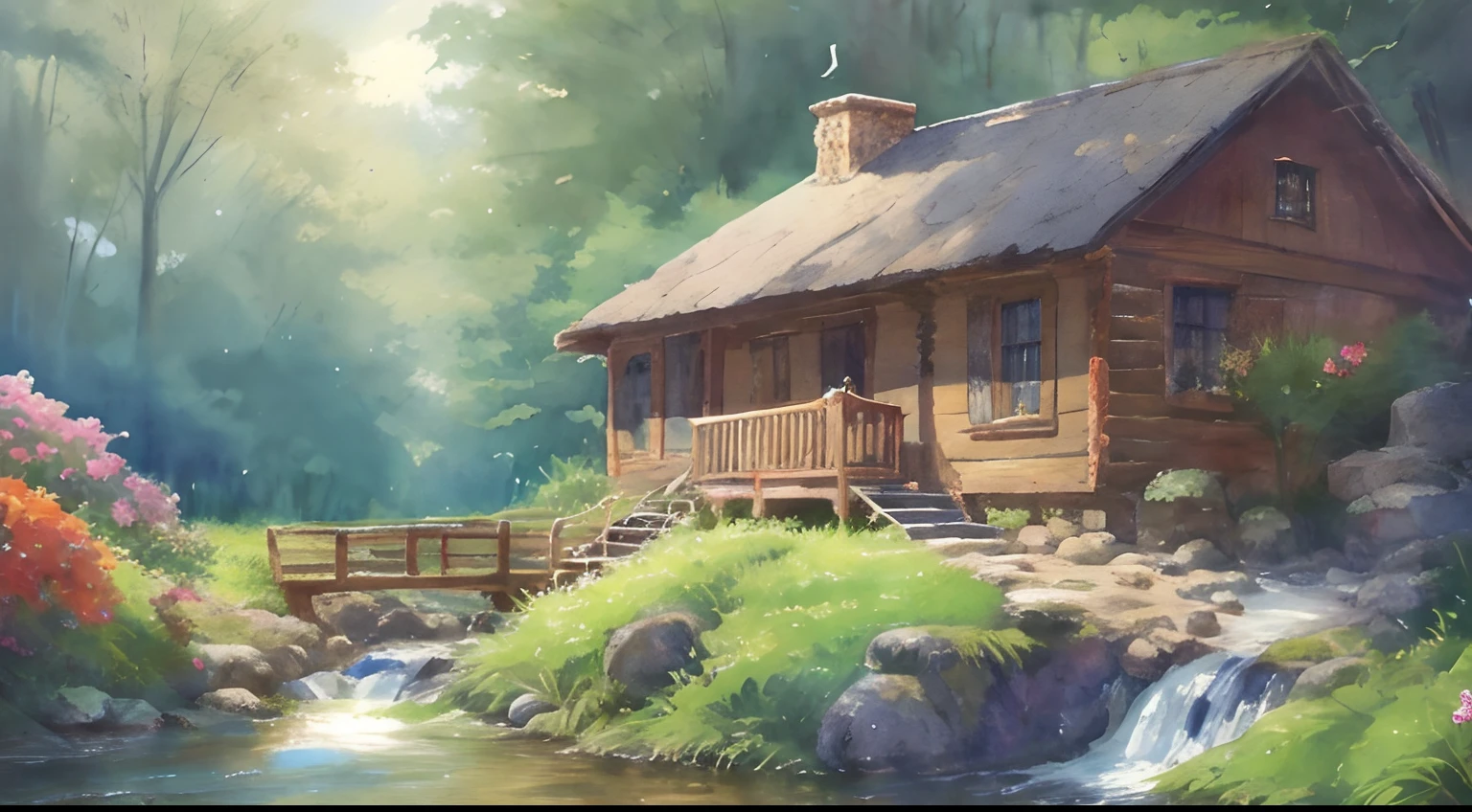 painting of a cabin in a mountain stream with a waterfall, children play around cabin, ((a boat in water )), 4 k watercolor painting, beautiful painting, 4 k, cottage in the forest, beautiful watercolor painting on paper, beautiful digital painting, smooth oil painting, beautiful art uhd 4 k, 8 k hd detailed oil painting, oil digital painting, Inspired by Thomas Kinkade.