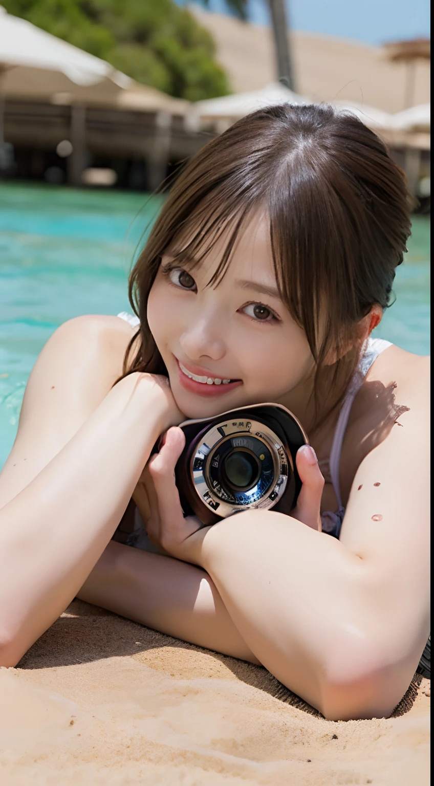 masutepiece, Best Quality, Illustration, Ultra-detailed, finely detail, hight resolution, 8K Wallpaper, Composition including perfect whole body, Beautiful detailed eyes, ((Random and cute micro bikini:1.2)),((sprawl:1.5))、 Random and cute hairstyles, Big breasts that seem to stick out of a swimsuit, Natural Color Lip, Random and cute poses,((A big smile that makes you squint)),((breastsout、under look eyes、Mole on the arm:0.9))、((short-cut))、((Camera work from behind:1.5))、((a wet body)),(()),(())、((sea side))、((all-fours:1.2)),((T-back underwear)、((sand beach))