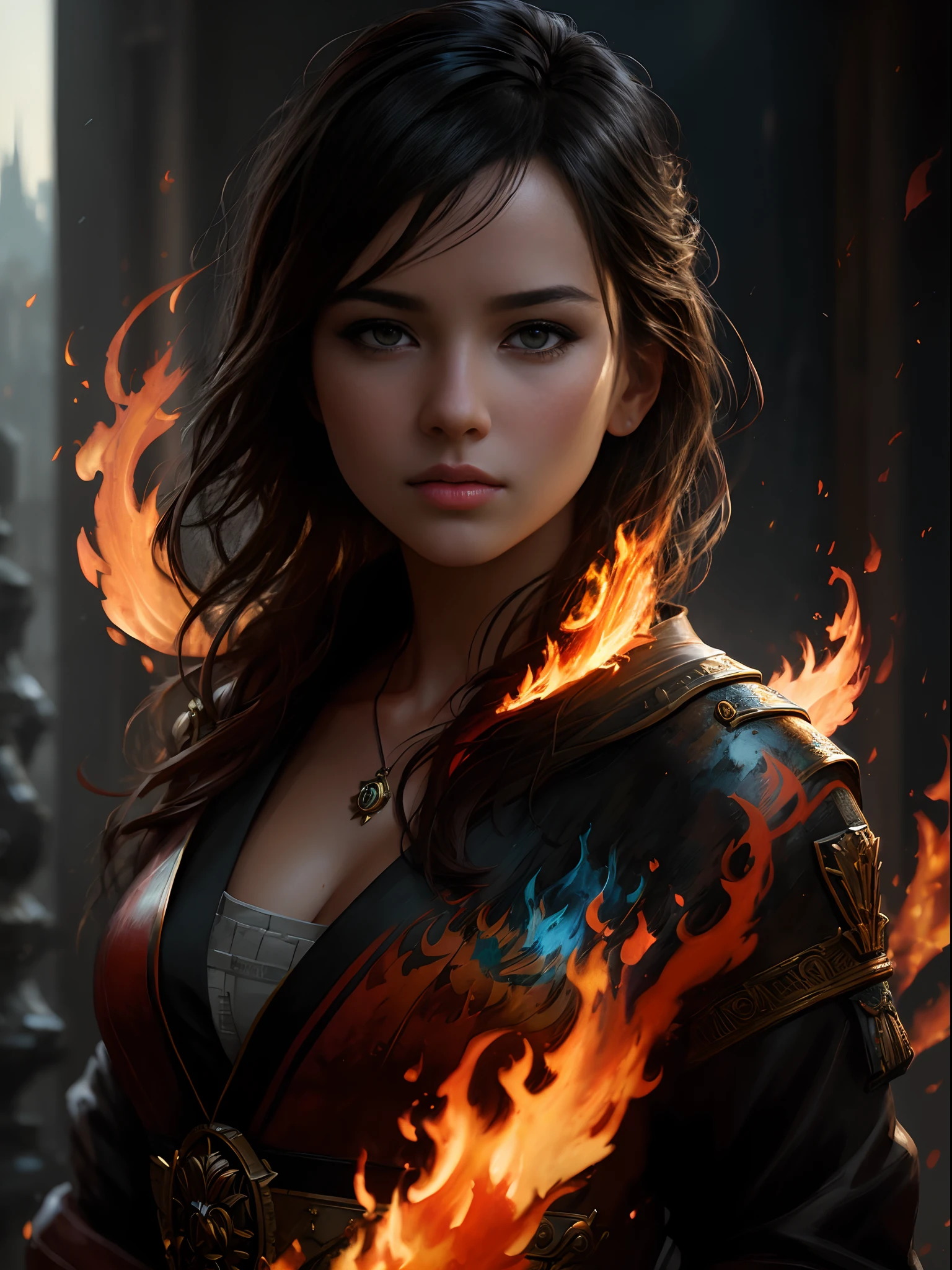 ((flame)), modelshoot style, (extremely detailed CG unity 8k wallpaper), full shot body photo of the most beautiful artwork in the world, beautiful women, professional majestic oil painting by Ed Blinkey, Atey Ghailan, Studio Ghibli, by Jeremy Mann, Greg Manchess, Antonio Moro, trending on ArtStation, trending on CGSociety, Intricate, High Detail, Sharp focus, dramatic, photorealistic painting art by midjourney and greg rutkowski