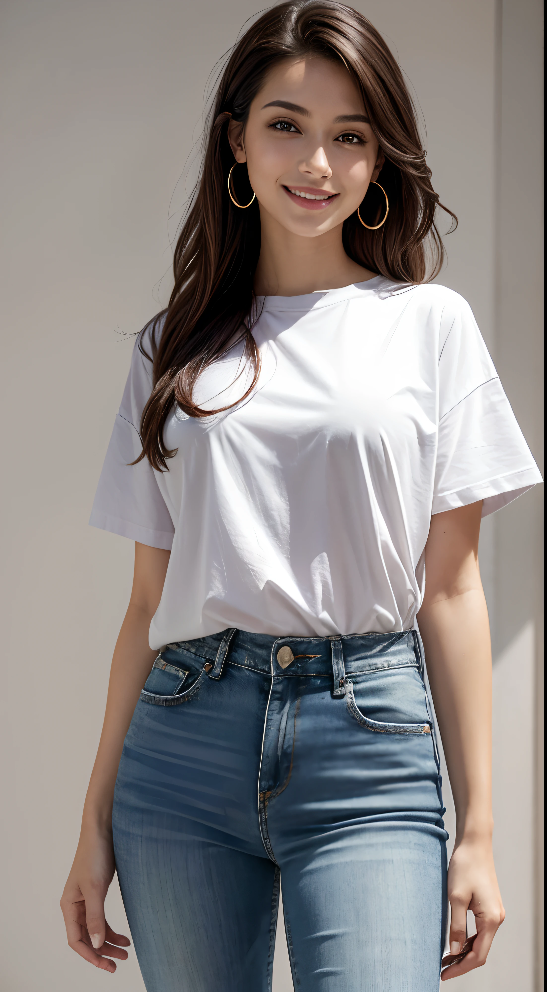 For a t-shirt mockup design, caucasian woman, top of the head to the waist, hands tucked into her clean blue jeans pockets, twenty years old, dark straight hair, happily smiling, closed lips, pointed nose, facing the front, standing with her hands on her waist, wearing a high-quality pink colored t-shirt with no designs and no text, and clean blue jeans, for a mockup design, plain pink t-shirt, with a focus on the high-resolution texture and details of the clothes. The woman is standing in an all white room with a white background, with a shadow effect adding depth to the image, Hyper realistic , ultra detailed, full lips. Front facing, golden hoop earrings, ultra detailed, ultra accurate detailed, mascara and long eyelashes, Shot with canon EOS RI camera at 50 mm focal length with a 1.2 aperture. 4k. Heavy makeup and a coy expression. 8k, best quality, masterpiece, realistic, ultra detail, photo realistic, hyper realistic, smoother lighting, increase cinematic lighting quality, realistic lighting, backlighting, brightening light, Increase quality, best quality real texture skin, slender, cute face, smile, beautiful details eyes, pretty, Drill hair with electric blue color