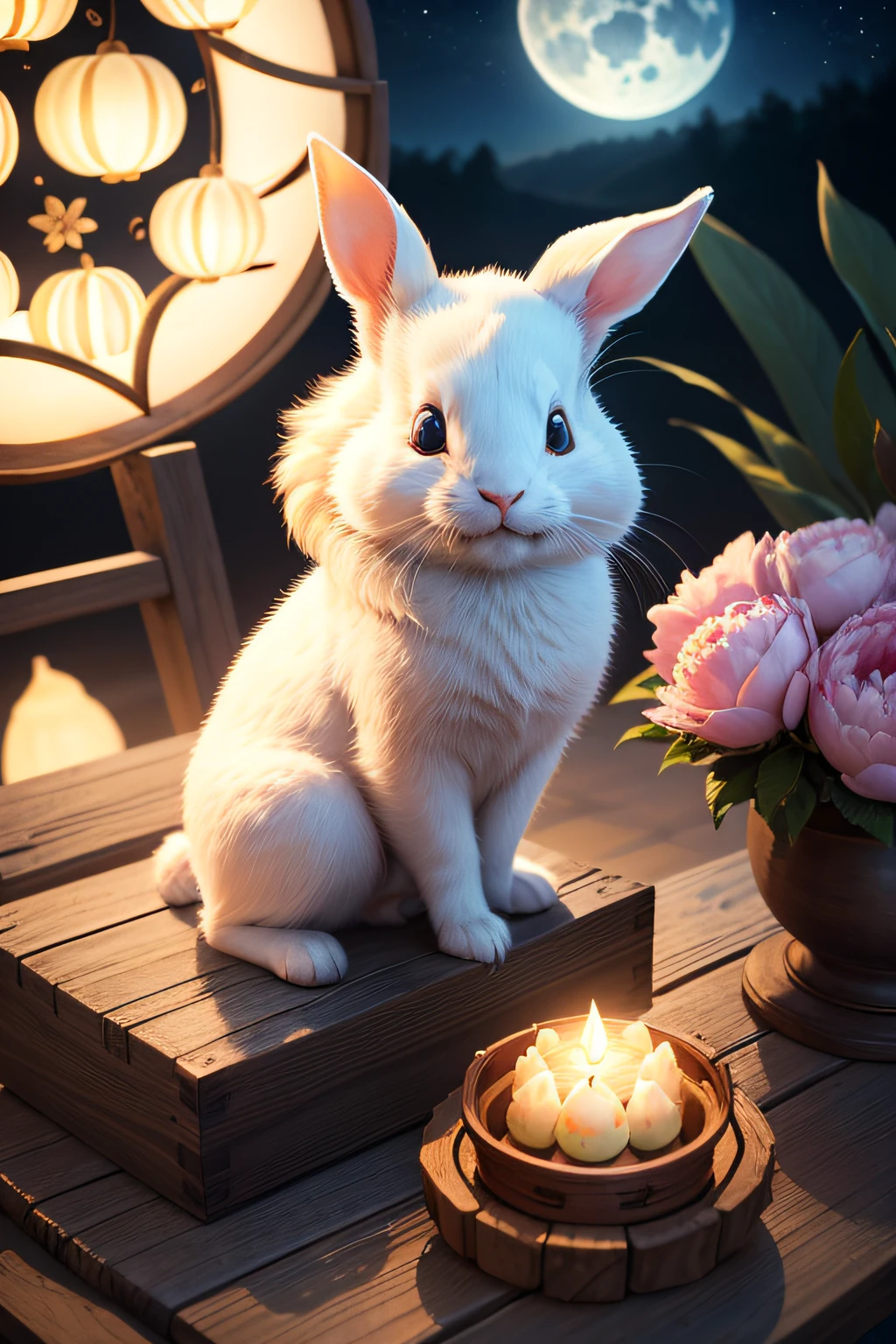 (best quality, 4K, high resolution:1.2), ultra-detailed, photorealistic animal, photography-like realism, highly detailed, professional, vibrant colors, sharp focus, (adorable, cute, adorable:1.1) majestic: white rabbit, sitting gracefully:1.1 on two peonies, holding a large mooncake, under the moonlight in the clear sky, with the text added to the middle of the picture: "Happy Mid-Autumn Festival!"