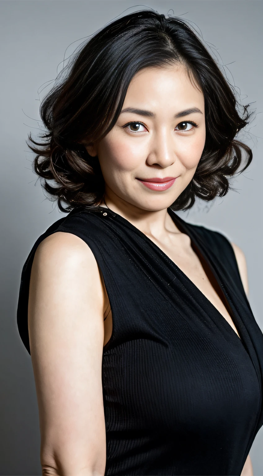 ((Best quality, 8K, Masterpiece, Portrait: 1.3)), (View viewers), Photorealism, Sharp focus, Solo, The Moro Islamic Liberation Front of Japan, Beauty,Wavy hair, Wrinkles at the corners of the eyes, to emphasize, ((Big breasts:1.3))),,30 years old, curlies, Wrinkled eyes, Elegant black shirt、(standing on your feet:1.2)