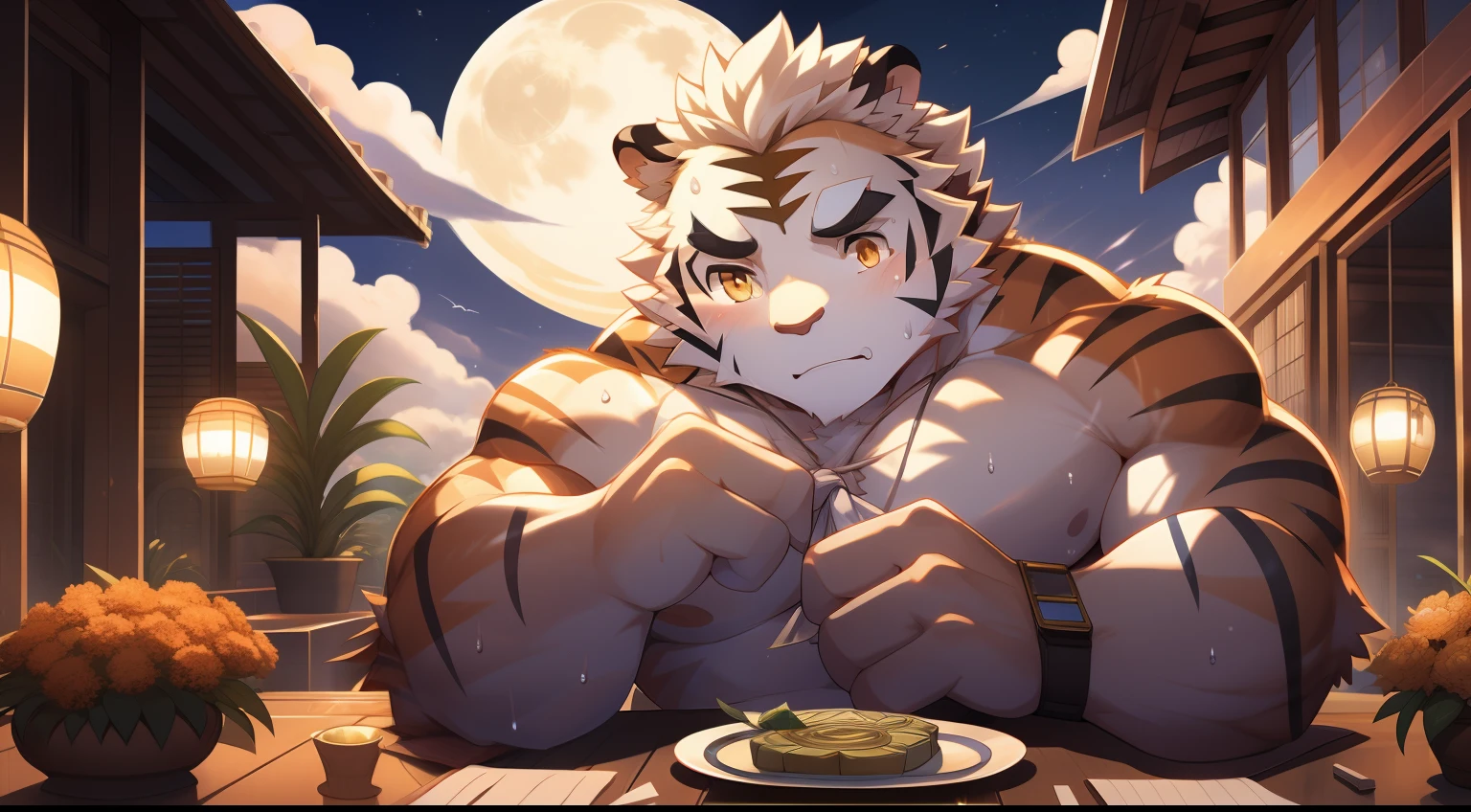 tmasterpiece,the night,anthropomorphic tiger,male people,26 year old,thick white eyebrows,Orange-yellow fur,Strong body,large pecs,Bare topless,Pink milk clusters,white fundoshi,medium bulge,Sit at the table,Drinking green tea,A plate of mooncakes,sweat leggs,Mysterious Expression,Be red in the face,looking toward the viewer,Golden pupils,Strong,Solo,frontage,Classical courtyard,A huge full moon in the sky,Auspicious clouds,paper lanterns,green plant,Red candles