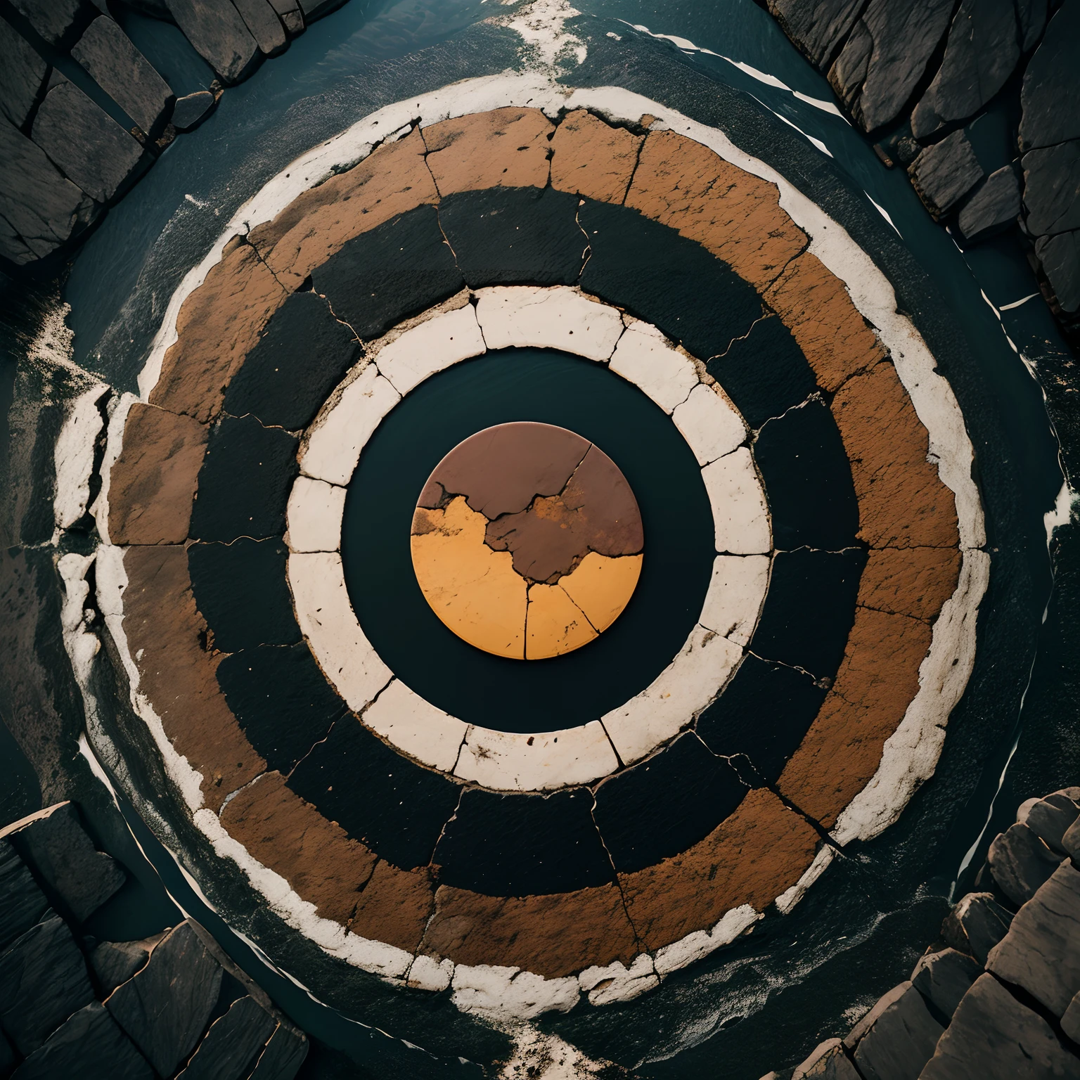 icon, minimalism, Borderless, Color logo, 2D, A circle of crumbling stones in the center of a lava lake, centred, No tipping over, top down view, Warm and dark tones