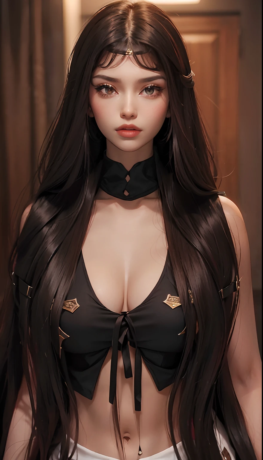 a close up of a woman with long hair wearing a black top, long glowing ethereal hair, brown long and straight hair, lblsck hair, hair : long brown, the sims 4 texture, realistic hair, long straight hair, detailed long black hair, long straight red hair, long straight bangs, brown red long hair, long hair with bangs, straight hair