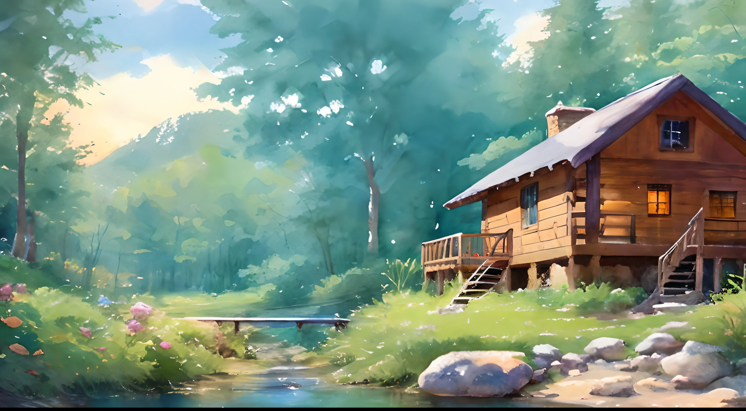 painting of a cabin in a mountain stream with a waterfall, children play around cabin, ((a boat in water )), 4 k watercolor painting, beautiful painting, 4 k, cottage in the forest, beautiful watercolor painting on paper, beautiful digital painting, smooth oil painting, beautiful art uhd 4 k, 8 k hd detailed oil painting, oil digital painting, Inspired by Thomas Kinkade.