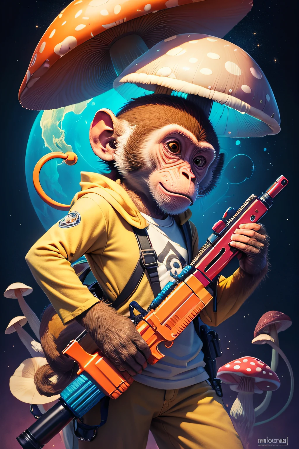 Monkey with a iconic supersoaker, mushroom, inspiring, golden ratio, fibbonacci, masterpiece, mushroom, psychedelic, universe
