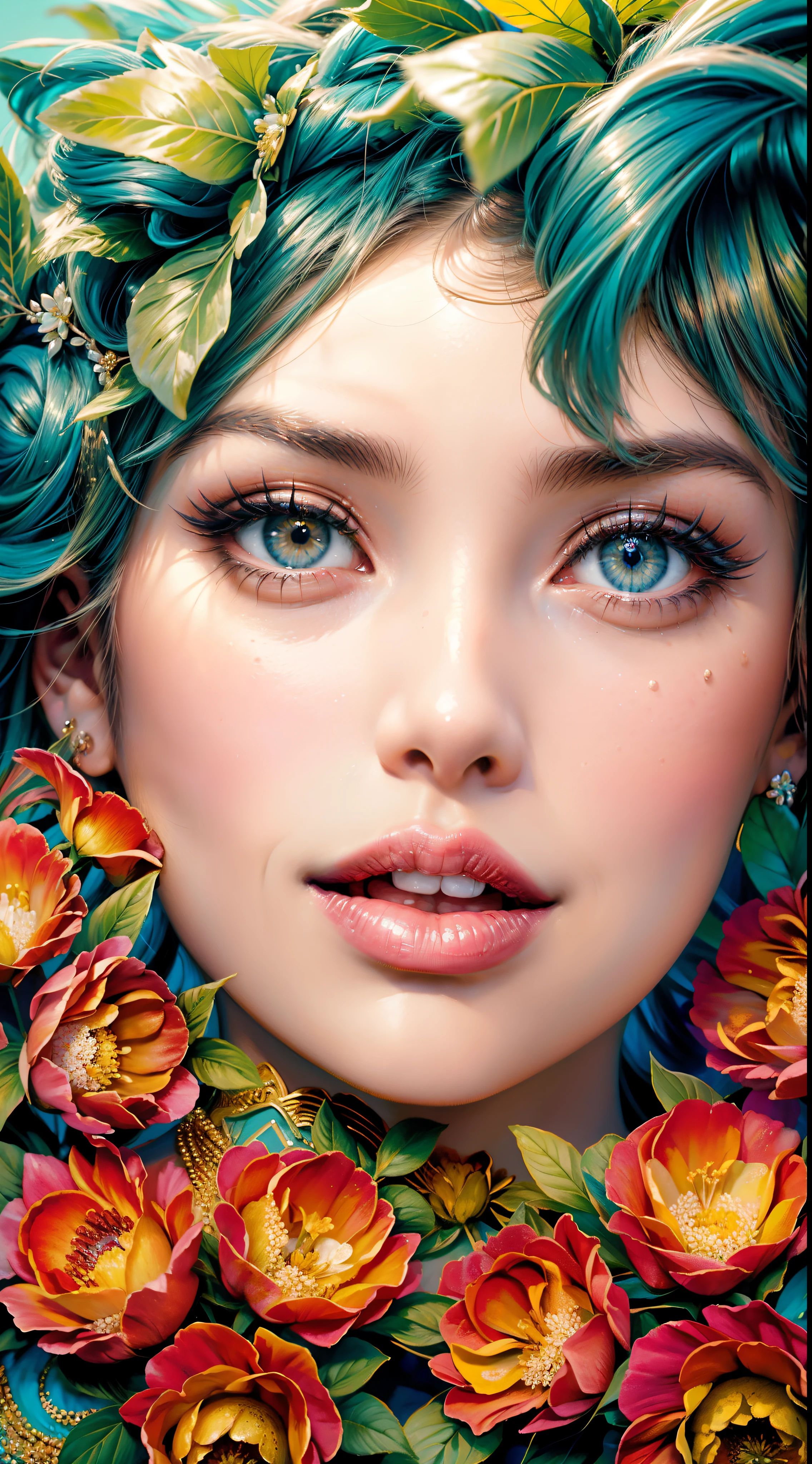 there is a woman with a flower crown on her head, imagem de arte digital, Arte bonita UHD 4K, bela arte digital, mulher da beleza, digital illustation, pintura digital elegante, linda arte digital linda, rosto bonito fotorrealista, arte digital impressionante, pintura digital brilhante, Arte digital, mulher da beleza com rostos detalhados, lindo arte digital, em estilo de pintura digital