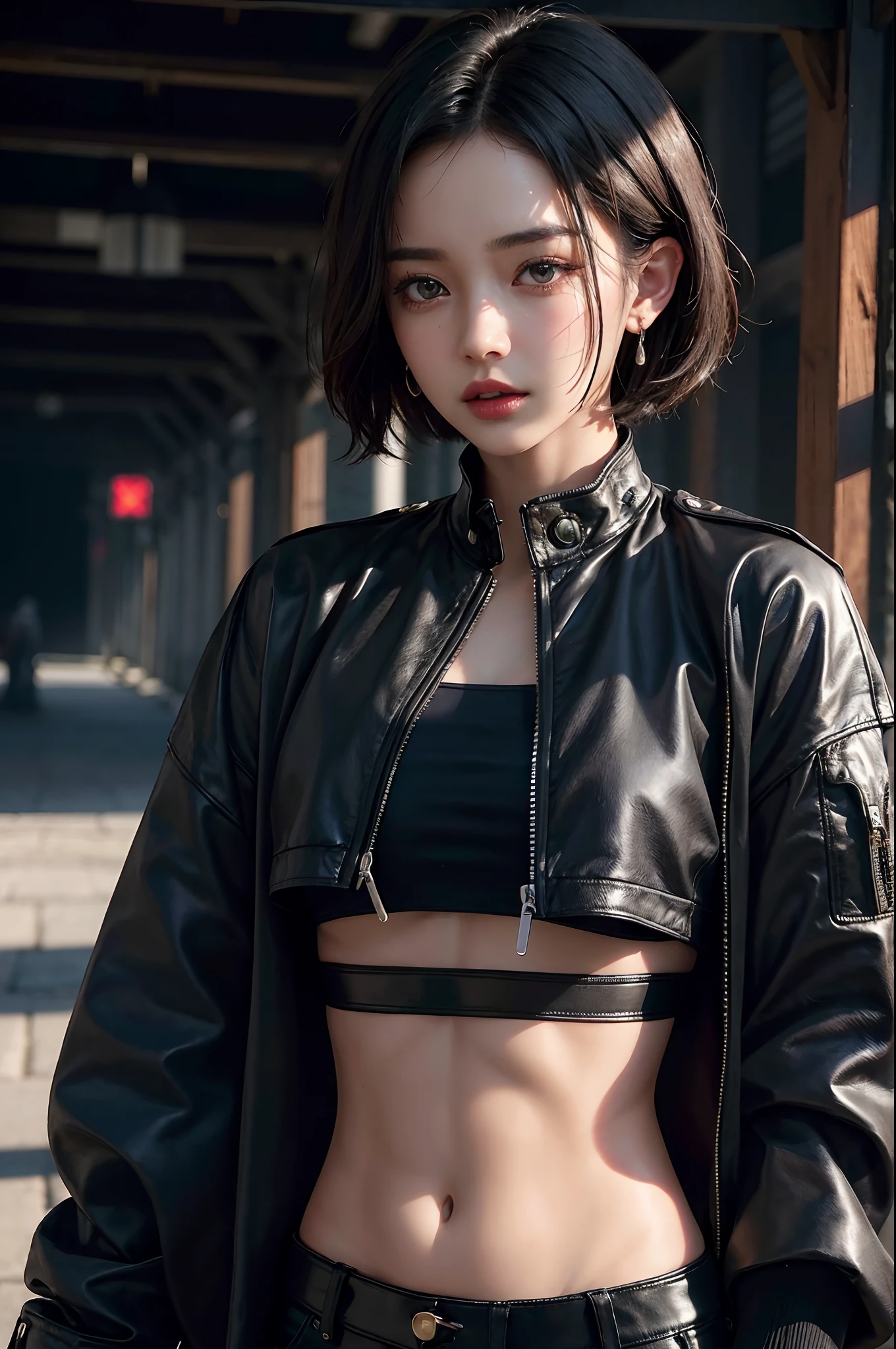 (Forehead, Cropped jacket, Abs, midriff, scowling, Short hair, Black hair, eyes liner:1.3), (Masterpiece, Best quality, Beautiful quality), (Photorealistic:1.4), (Detailed lighting, Extremely detailed skin, Extremely detailed hair, Shadows, 8K, Jihyo photo, 1girll:1.2), view the viewer, (high key lighting), Masterpiece, Top quality, Best quality, offcial art, Unity 8k wallpaper, A high resolution, Ultra-high RES, Ultra-detailed, Beautiful and aesthetic