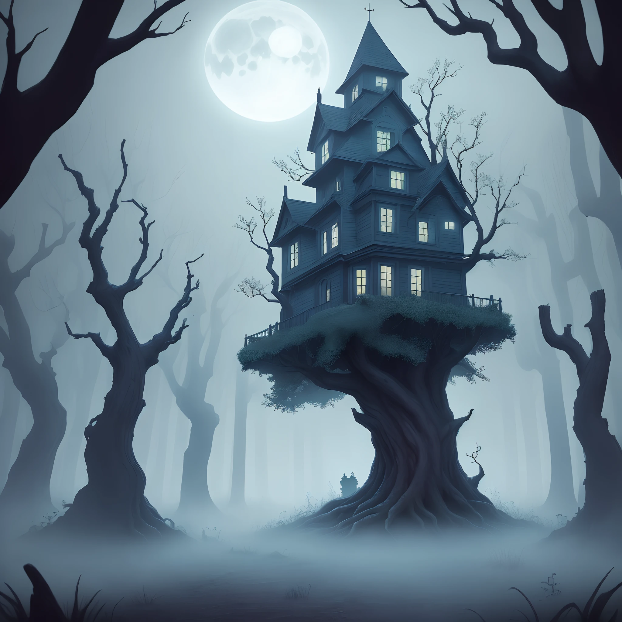 Generate images that capture the eerie atmosphere of the "Cursed Cradle": Nightmares reborn.'depicts a scene of moonlight in the desolation, Overgrown cemetery,Ancient cemetery, The rough tree is the cradle. The tree should have grotesques, Twisted branches,Like a skeleton hand, The cradle itself should be formed from tree roots, Exudes an unsettling aura. Surround the cradle with a dense, The creeping mist partially obscured the tombstones covered with mysterious inscriptions. Illuminate the scene in an otherworldly way, The light blue moonlight casts a long one, Haunting shadows. At the bottom of the tree, Reveal hidden, Partially opened portals to the murky realm,It's creepy there, Ethereal creatures reminiscent of nightmarish creatures appear. In the distance, Including an imminent one, Dilapidated mansion,Broken windows, Hint at the origin of the curse. Use a pastel color palette dominated by dark blue, purples, and gray to enhance the ominous atmosphere. Convey a sense of fear, Mystery, and the supernatural, Make it clear that the nightmare is indeed reborn in this haunting environment