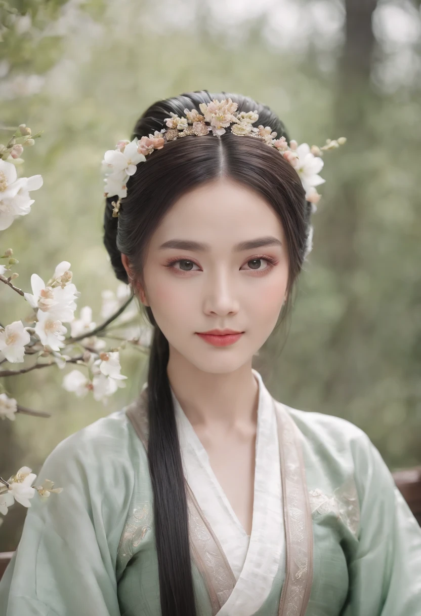 (Masterpiece) 8K resolution, Queen of Hanfu, Beautiful blooming flowers, Green straight hair, browneyes, Gray-gray eyes, Smile, Fantasy style,