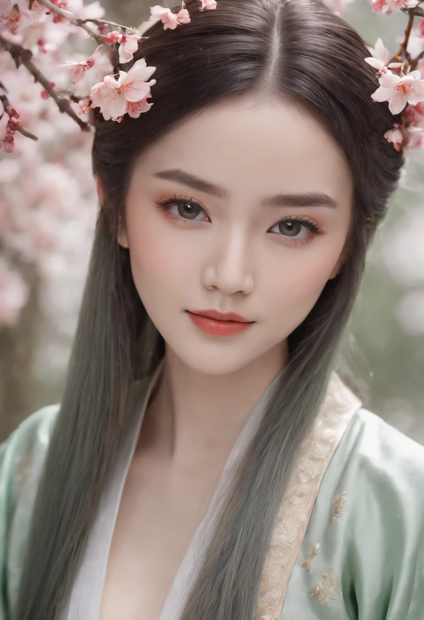 (Masterpiece) 8K resolution, Queen of Hanfu, Beautiful blooming flowers, Green straight hair, browneyes, Gray-gray eyes, Smile, Fantasy style,