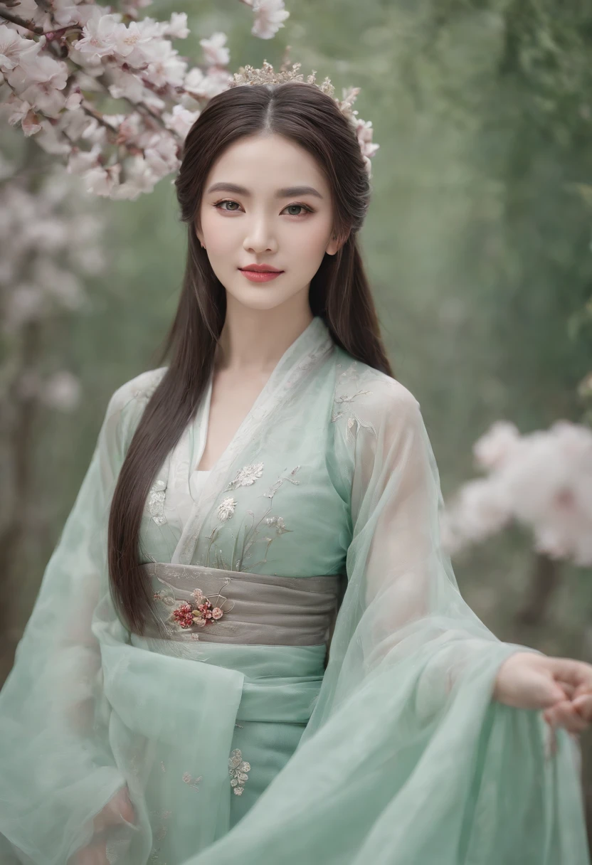 (Masterpiece) 8K resolution, Queen of Hanfu, Beautiful blooming flowers, Green straight hair, browneyes, Gray-gray eyes, Smile, Fantasy style,