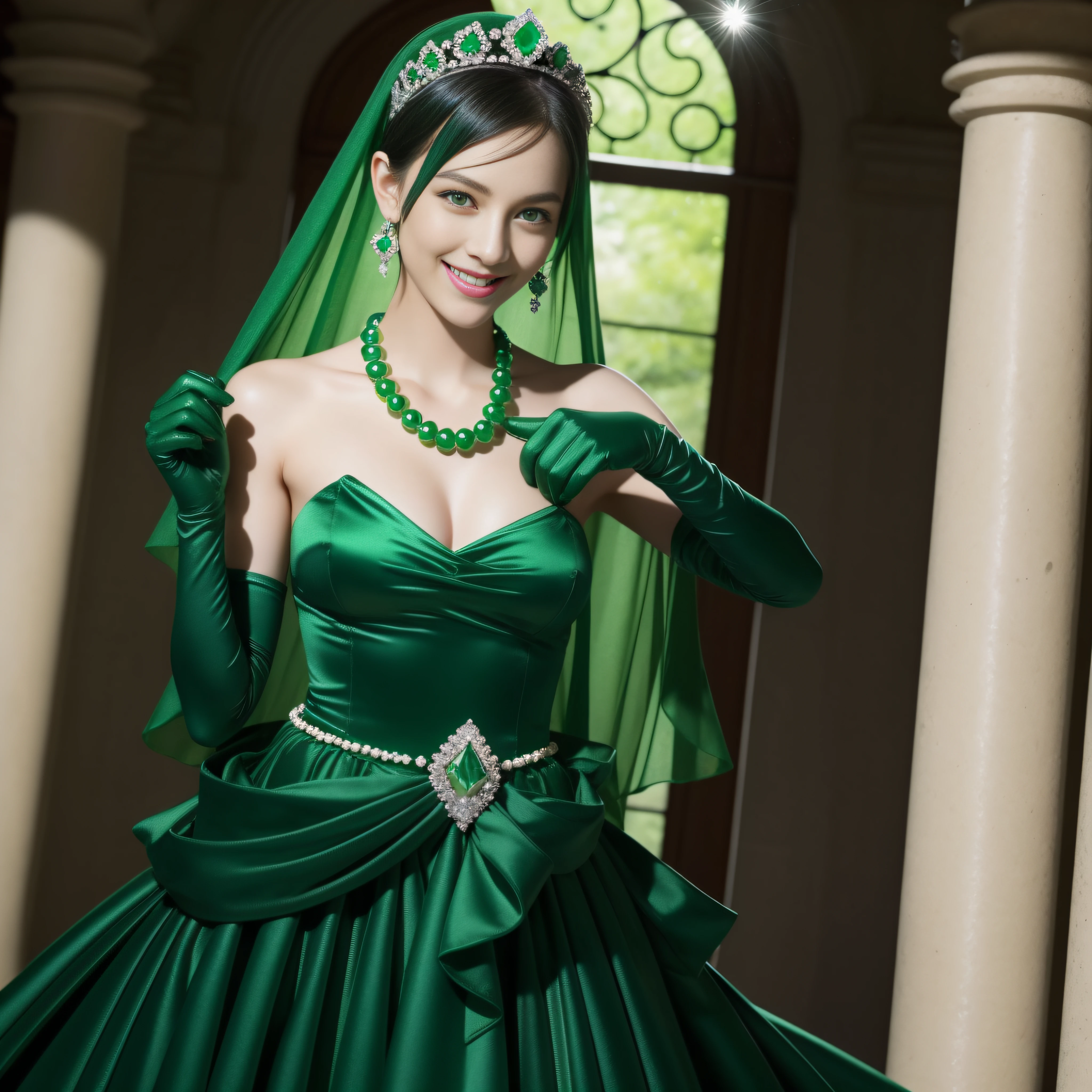 emerald tiara, Green Pearl Necklace, Boyish very short black hair, lipsticks, Japan woman smiling, very short short hair, big breasts beautiful, Green eyes, Long green gloves made of satin material, Green eyes, Emerald Earrings