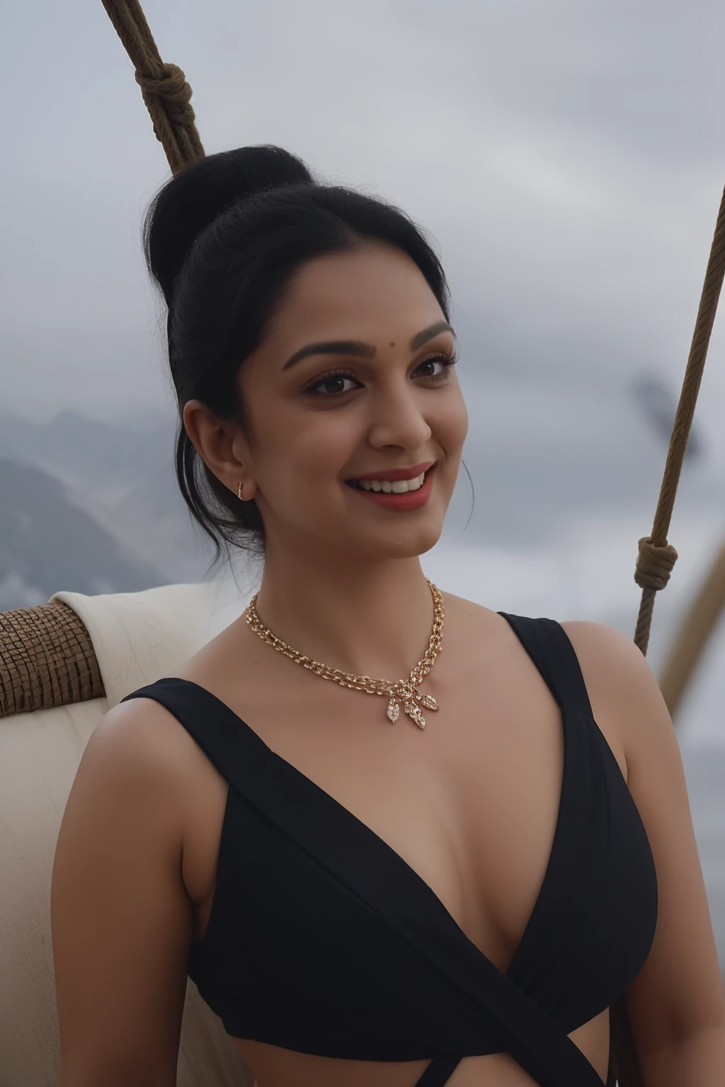 Day scene, low angle shot of close up photo of indian, sexy navel, hanging in swing chair on Mount Everest, wearing sexy black dress, deep cut neckline, perfect figure, swooping breasts, deep cleavage, ponytail hair, necklace, look at viewer and smile, (cinematic:1.3), intricate details, (ArtStation:1.2)