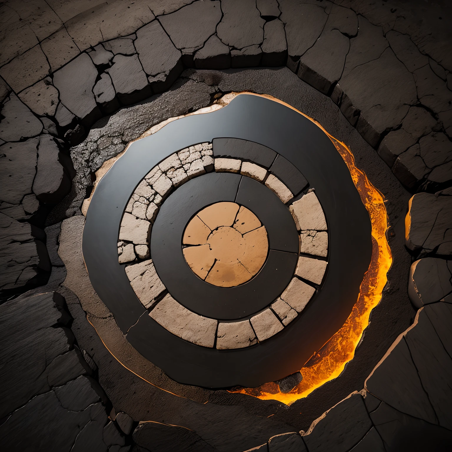 icon, minimalism, Borderless, paper texture, Color logo, 2D, A circle of crumbling stones in the center of a lava lake, centred, No tipping over, top down view, Warm and dark tones