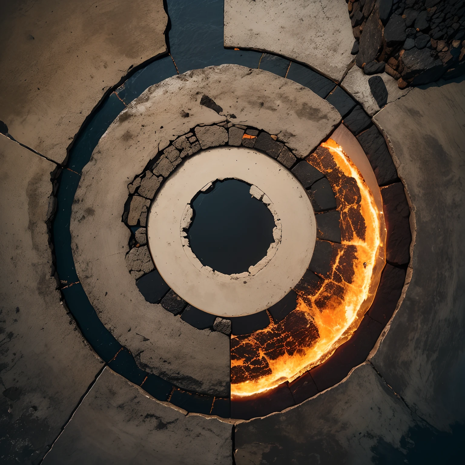 icon, minimalism, Borderless, paper texture, Color logo, 2D, A circle of crumbling stones in the center of a lava lake, centred, No tipping over, top down view, Warm and dark tones