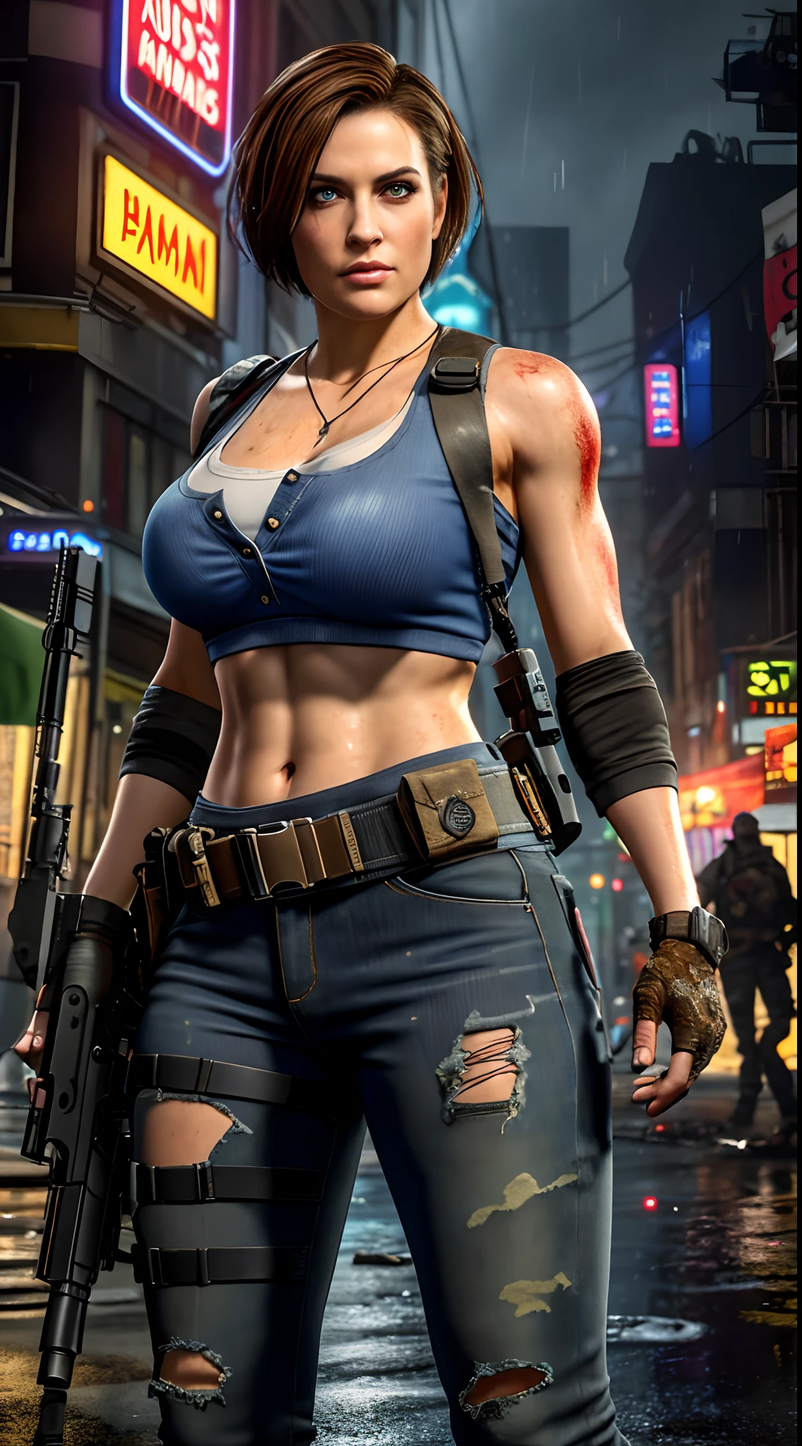 jillre3,jr3 outfit,cold expression,jr3 equipment,fighting stance,character,video game,short hair,(((damaged clothes))), gigantic breasts,slim waist,wide hips,high waist,serious expression,hard nipple,breasts about to burst of her clothing,dead rising,Resident Evil background,a horde of zombie,zombie apocalypse background,rain,wet clothes,Holding a rifle in both hands, best quality, masterpiece, intricate details, tonemapping, sharp focus, hyper detailed, trending on Artstation, realistic,(looking at viewer:1.4)