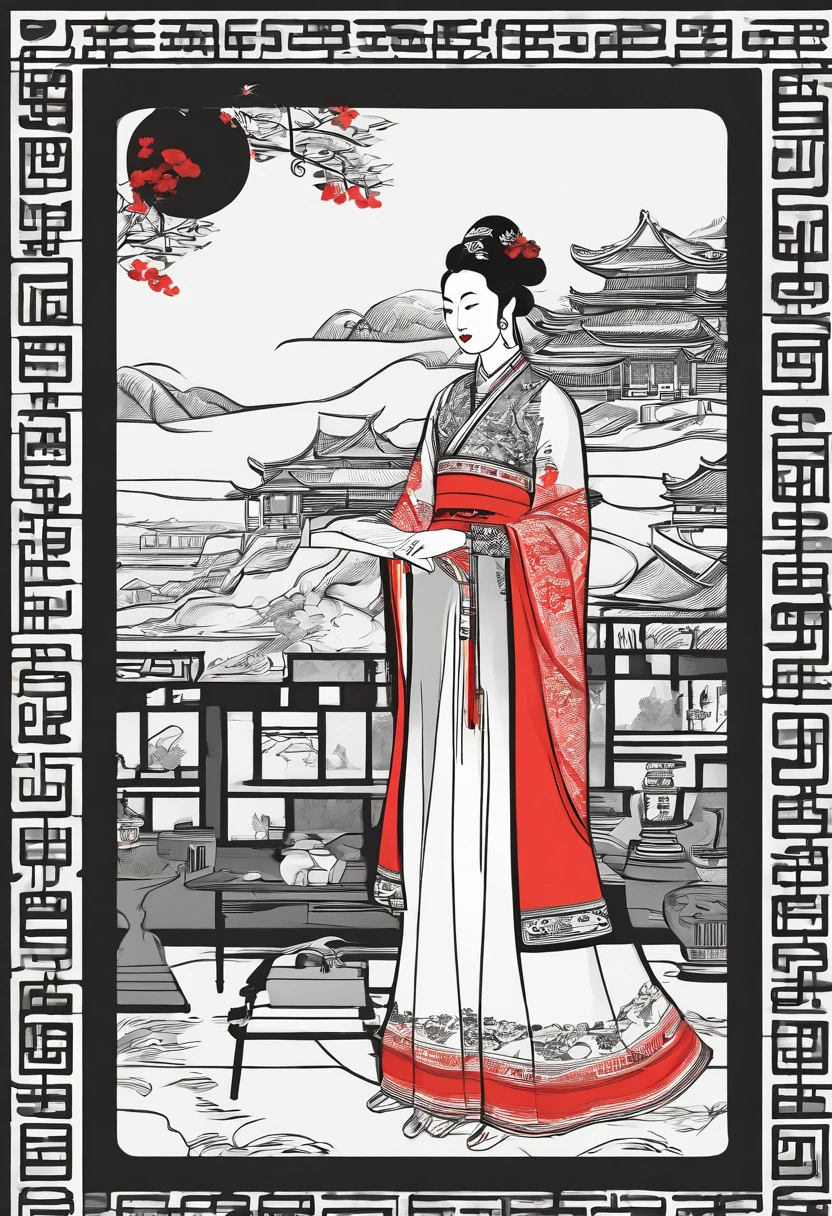 The beauty of China in the Song Dynasty，In front of her was a table，There is a cat under the table。There was a stack of books on the table，pen, ink and paper，Computer：1.2，high-class，big window，lots of plants，There is a moon at night